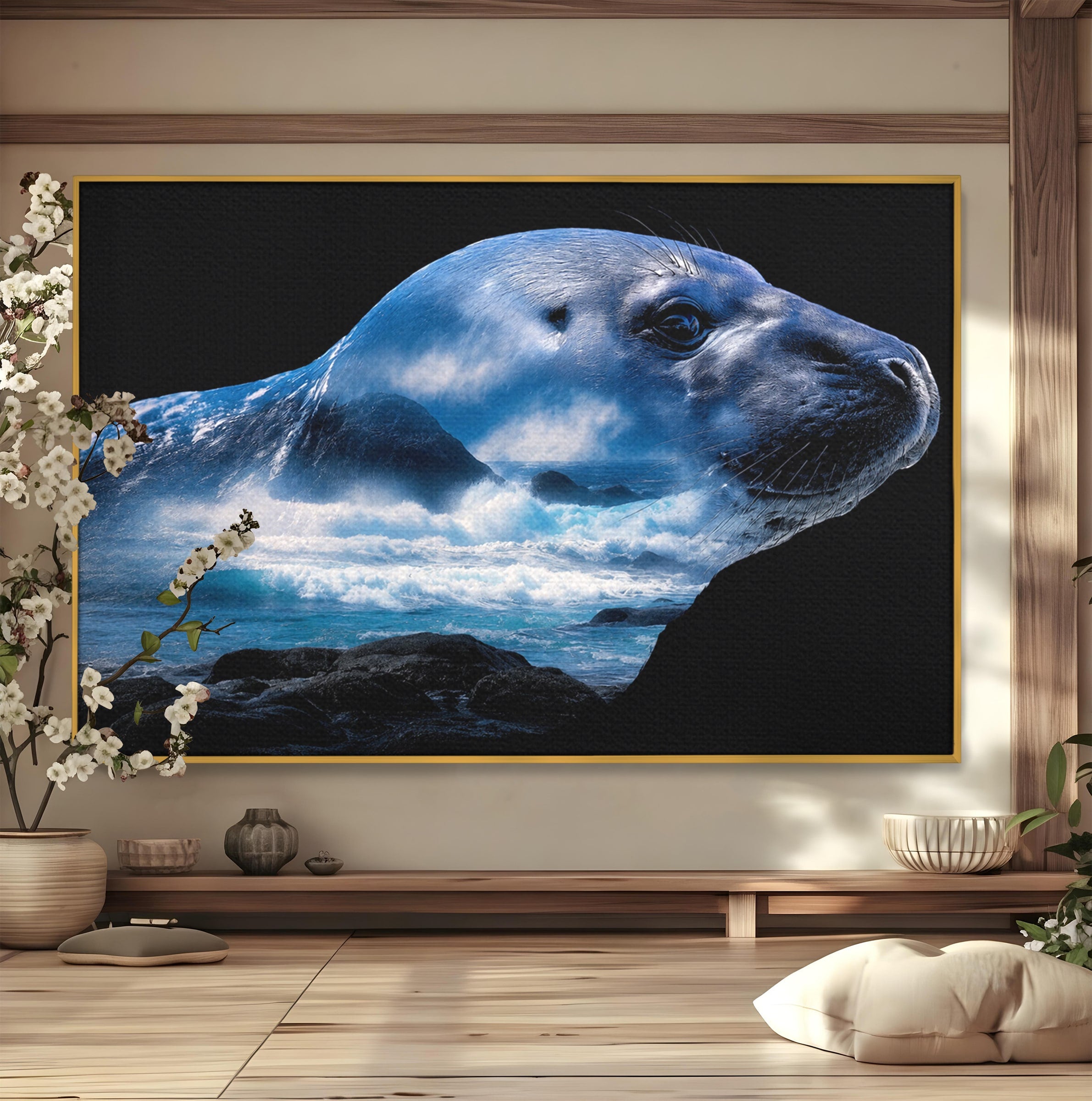 Tablou Canvas Premium LuxCanva® M1642, Foca Si Oceanul, Foca, Ocean, Natura, Peisaj Marin, Birou, Culori Vibrante