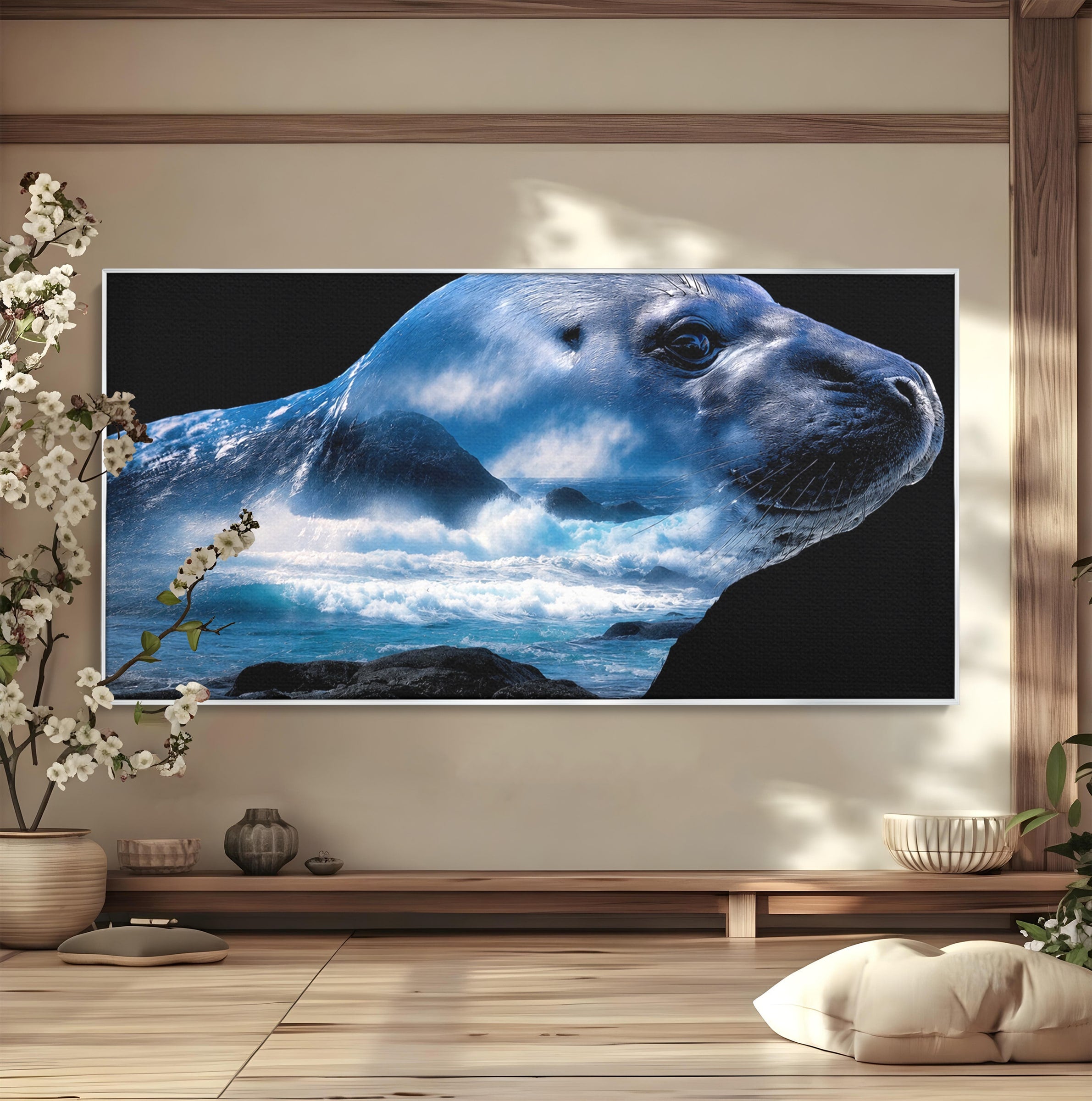 Tablou Canvas Premium LuxCanva® M1642, Foca Si Oceanul, Foca, Ocean, Natura, Peisaj Marin, Birou, Culori Vibrante