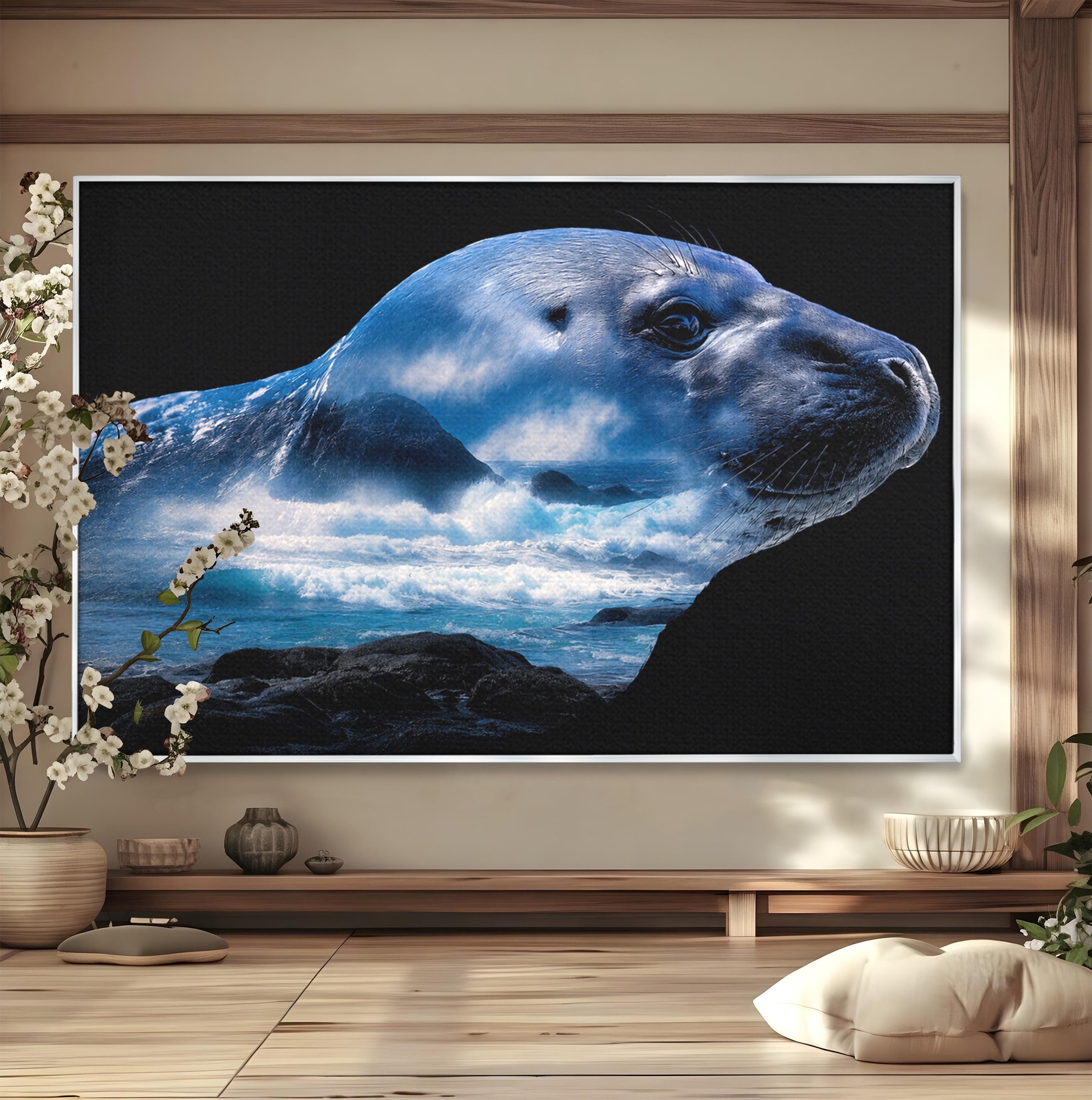 Tablou Canvas Premium LuxCanva® M1642, Foca Si Oceanul, Foca, Ocean, Natura, Peisaj Marin, Birou, Culori Vibrante