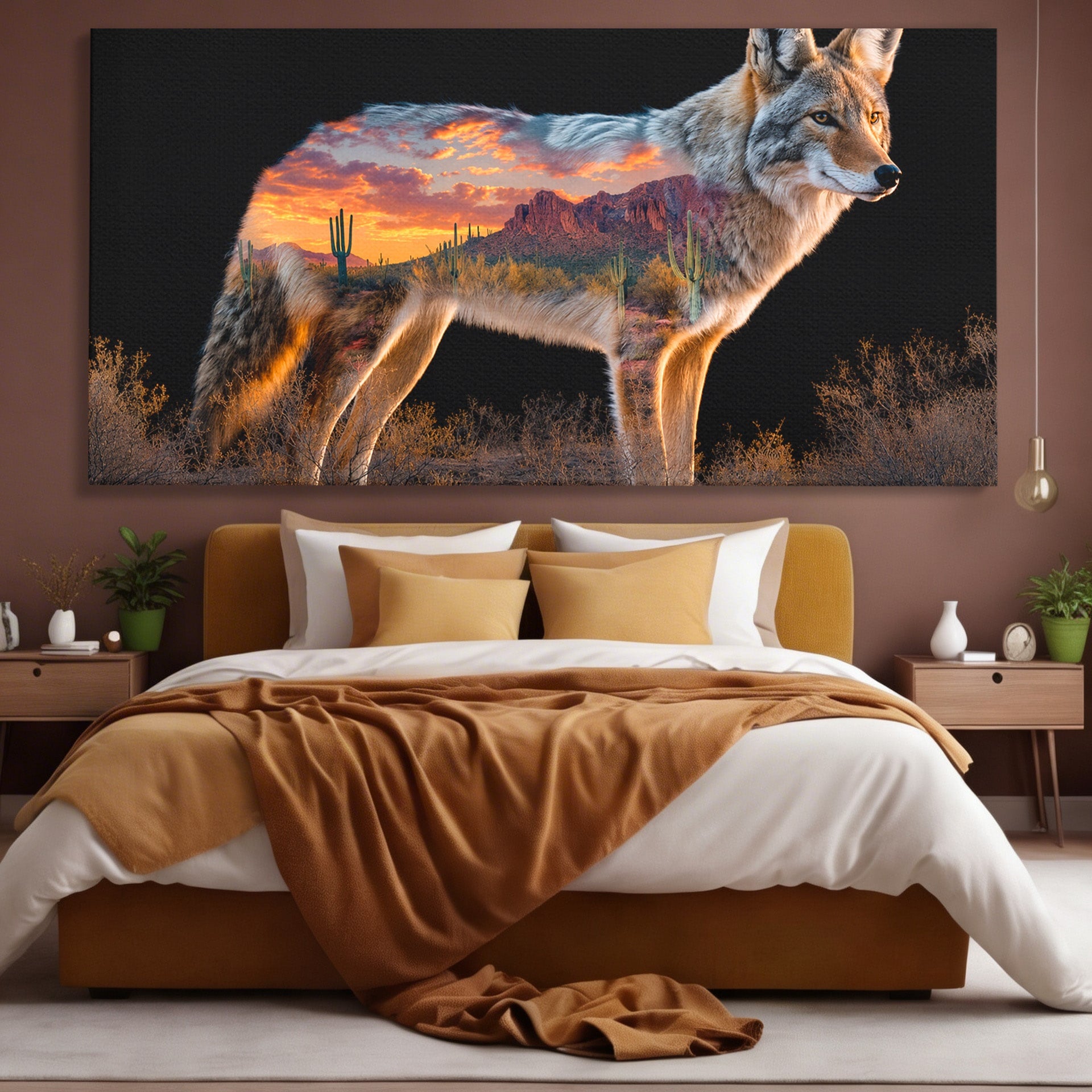 Tablou Canvas Premium LuxCanva® M1643, Coyote In Desert, Coyote, Desert, Apus, Natura, Peisaj, Animale, Living, Culori Vibrante