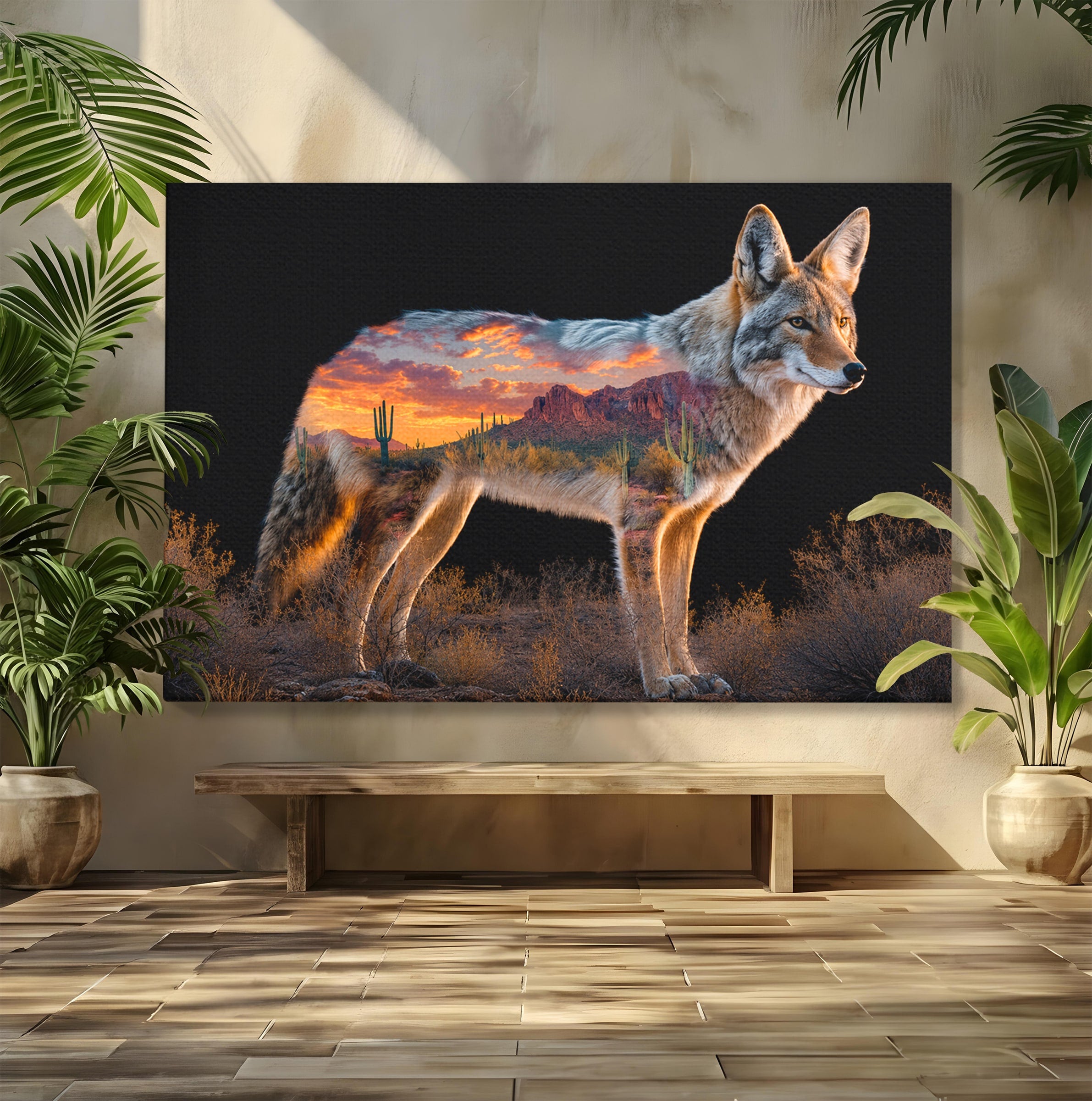 Tablou Canvas Premium LuxCanva® M1643, Coyote In Desert, Coyote, Desert, Apus, Natura, Peisaj, Animale, Living, Culori Vibrante