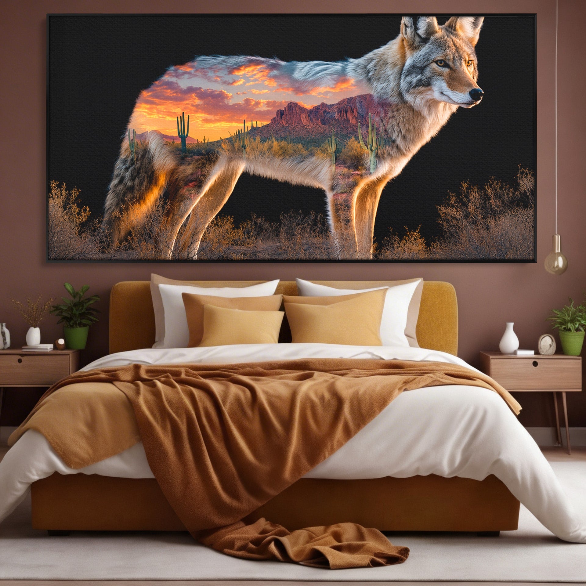 Tablou Canvas Premium LuxCanva® M1643, Coyote In Desert, Coyote, Desert, Apus, Natura, Peisaj, Animale, Living, Culori Vibrante