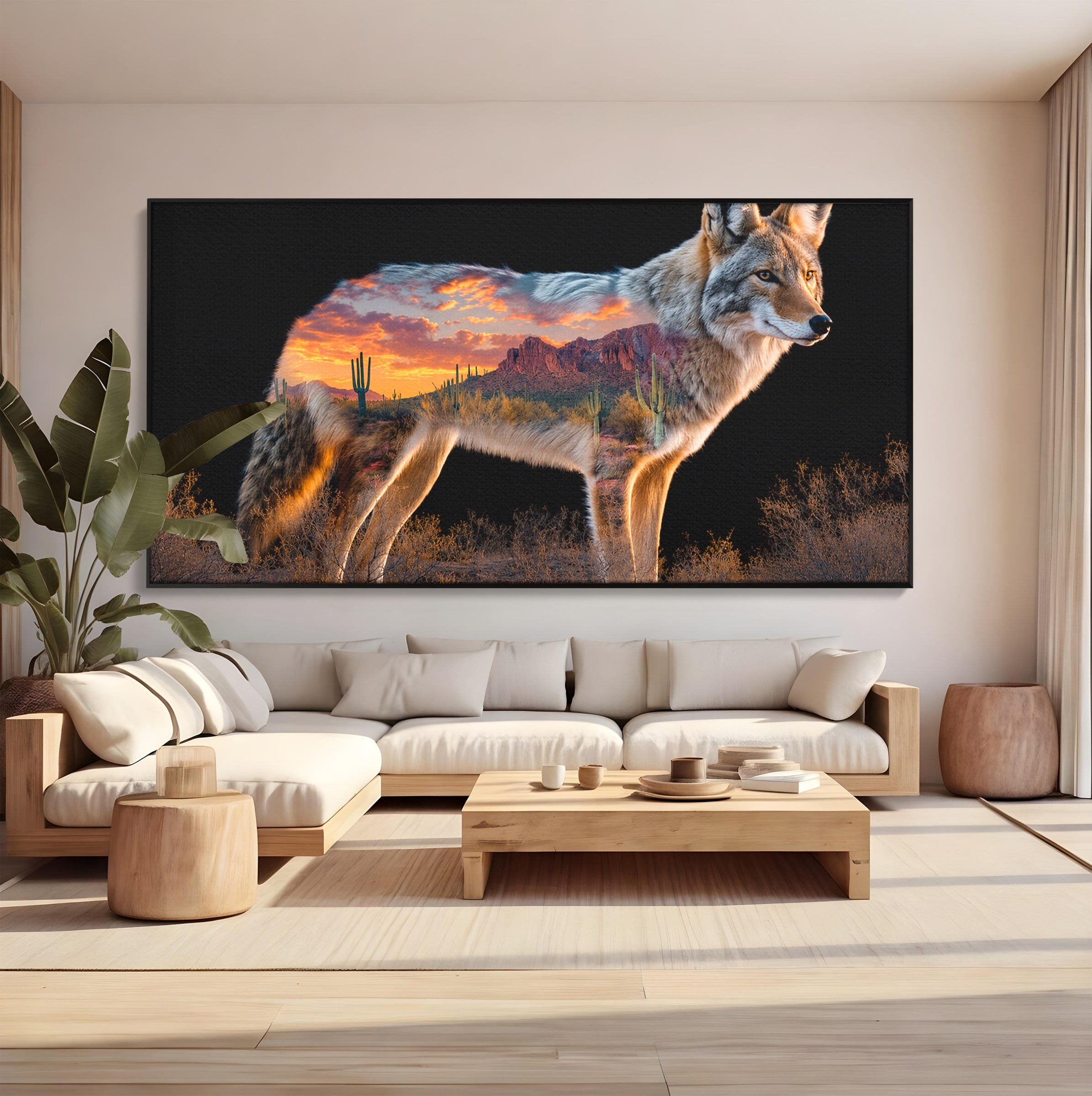 Tablou Canvas Premium LuxCanva® M1643, Coyote In Desert, Coyote, Desert, Apus, Natura, Peisaj, Animale, Living, Culori Vibrante