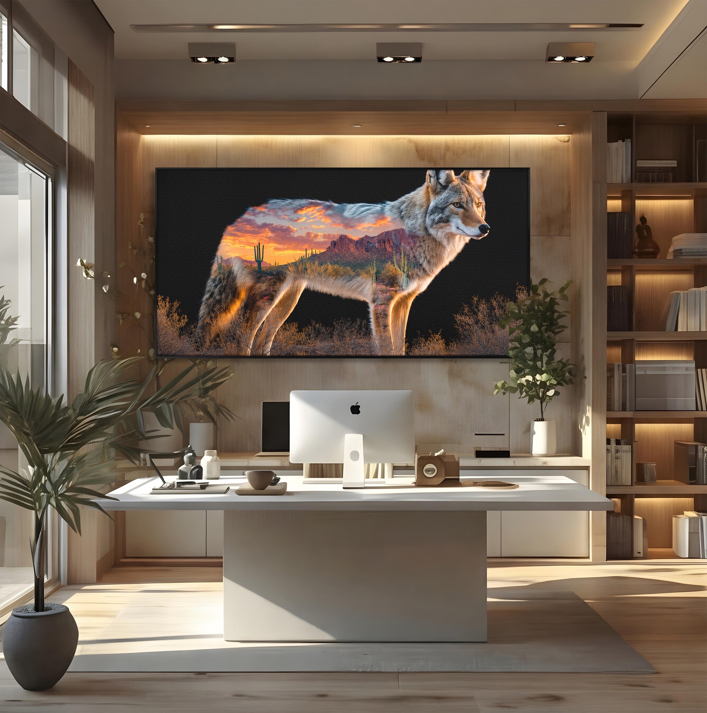 Tablou Canvas Premium LuxCanva® M1643, Coyote In Desert, Coyote, Desert, Apus, Natura, Peisaj, Animale, Living, Culori Vibrante