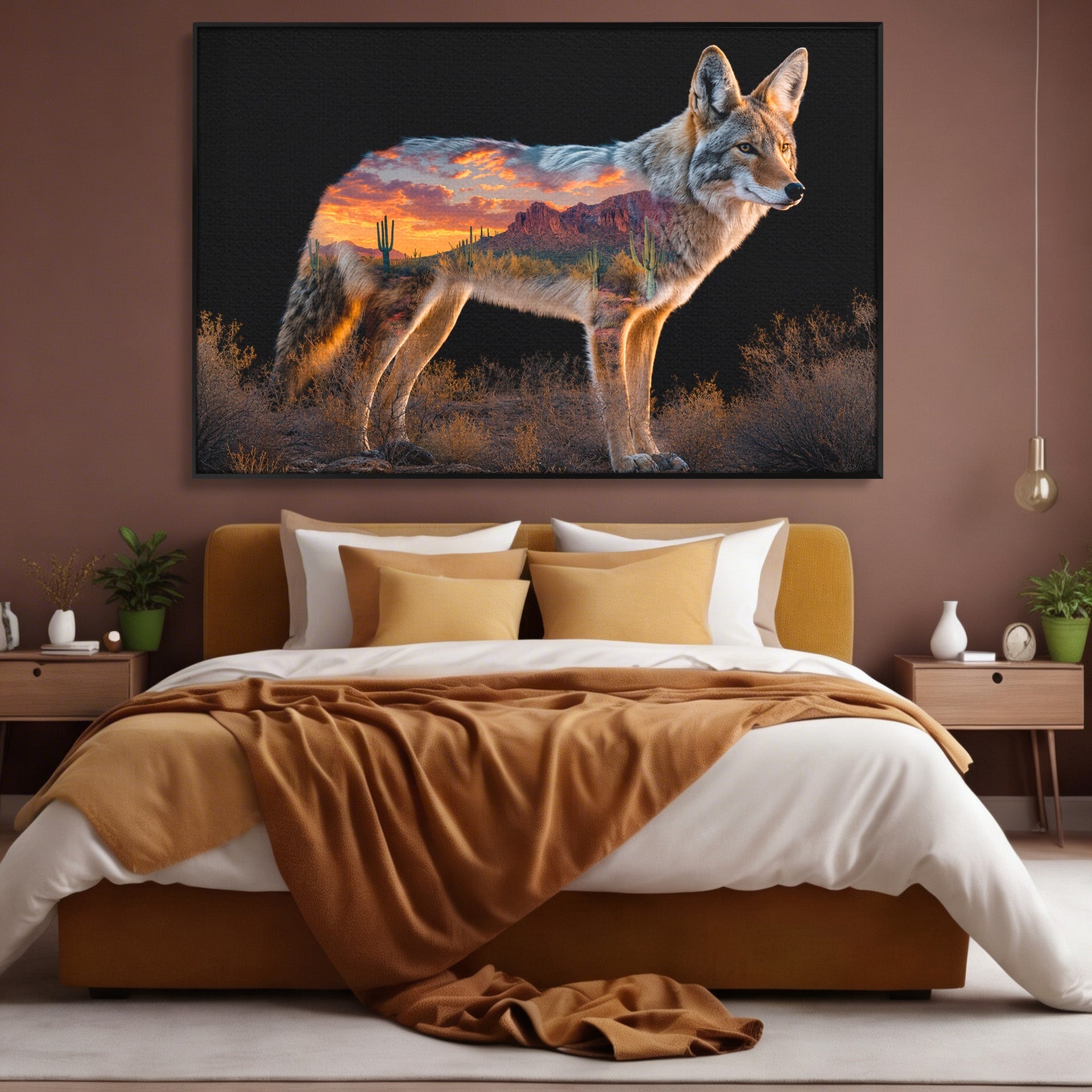 Tablou Canvas Premium LuxCanva® M1643, Coyote In Desert, Coyote, Desert, Apus, Natura, Peisaj, Animale, Living, Culori Vibrante