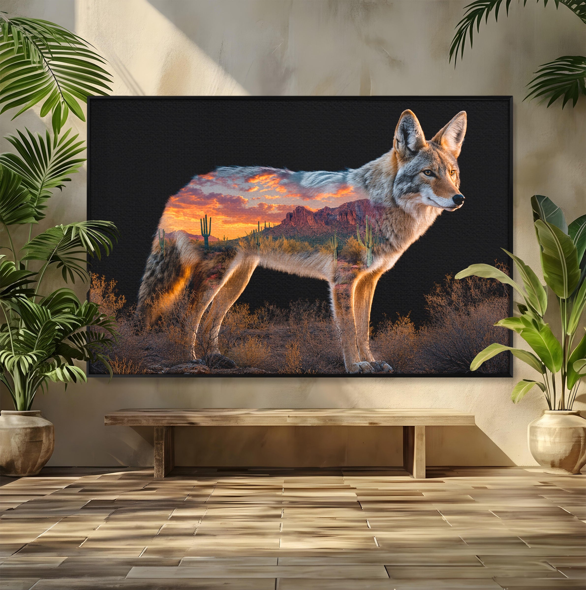 Tablou Canvas Premium LuxCanva® M1643, Coyote In Desert, Coyote, Desert, Apus, Natura, Peisaj, Animale, Living, Culori Vibrante
