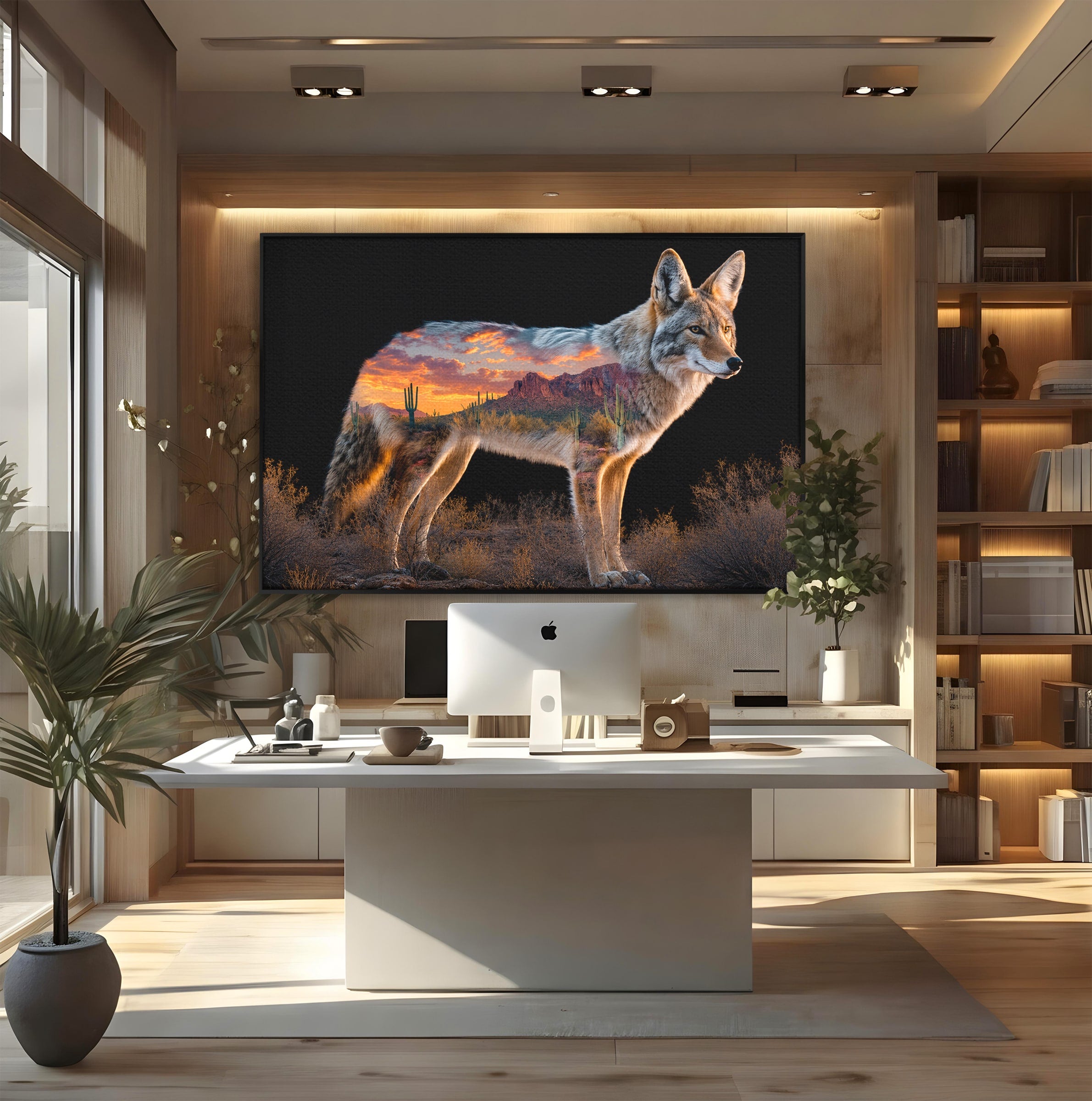 Tablou Canvas Premium LuxCanva® M1643, Coyote In Desert, Coyote, Desert, Apus, Natura, Peisaj, Animale, Living, Culori Vibrante