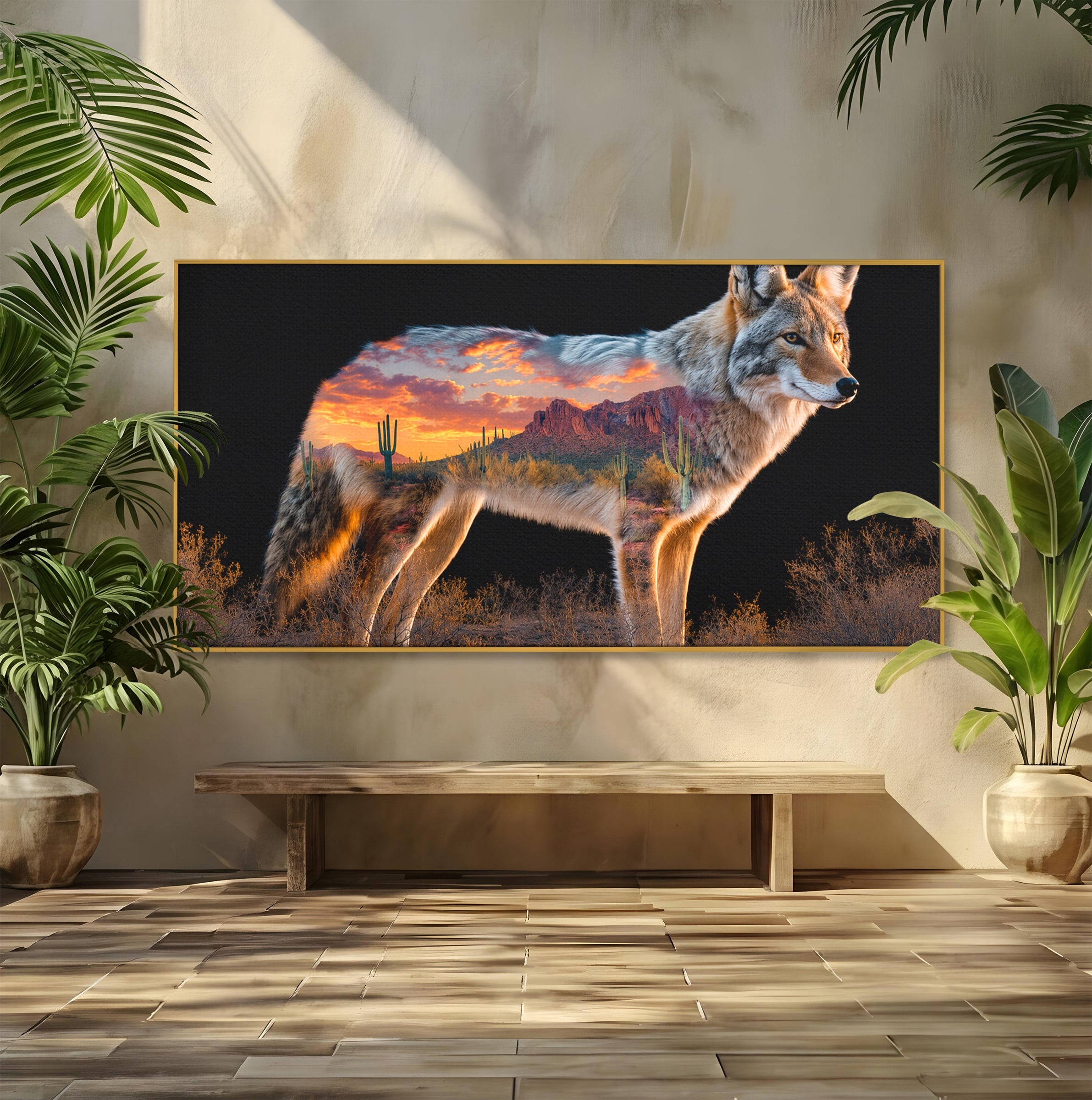Tablou Canvas Premium LuxCanva® M1643, Coyote In Desert, Coyote, Desert, Apus, Natura, Peisaj, Animale, Living, Culori Vibrante
