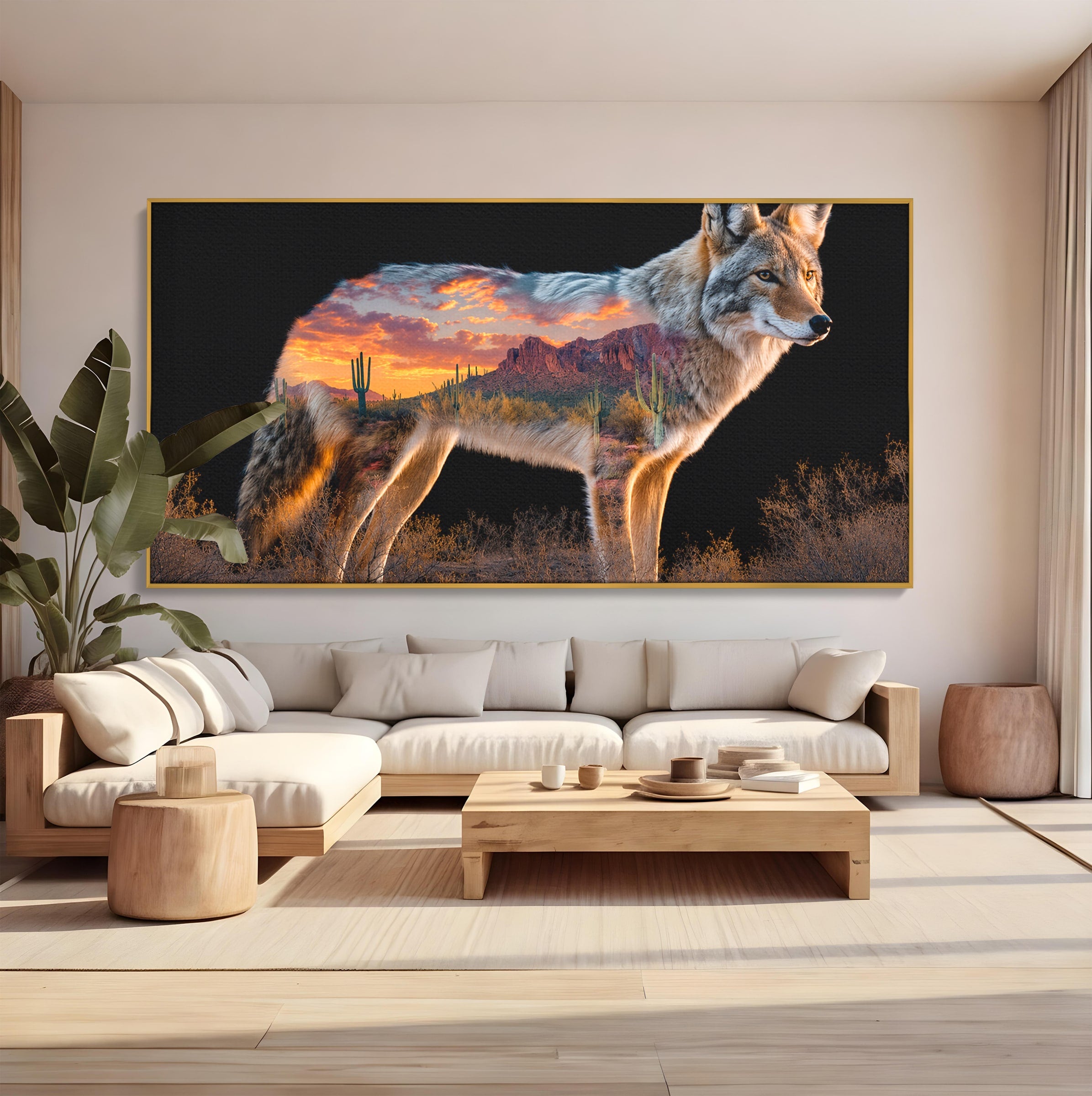 Tablou Canvas Premium LuxCanva® M1643, Coyote In Desert, Coyote, Desert, Apus, Natura, Peisaj, Animale, Living, Culori Vibrante