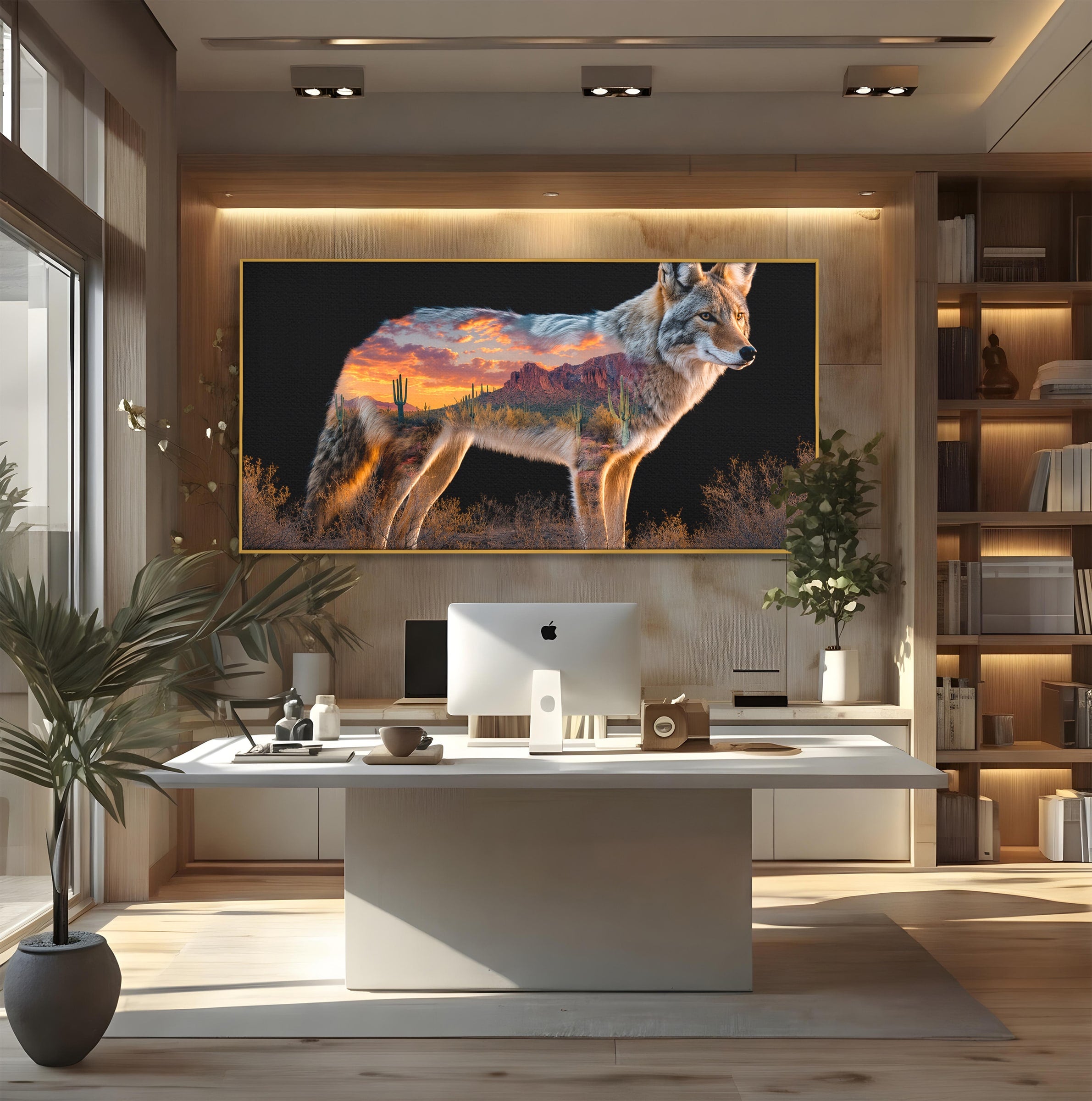 Tablou Canvas Premium LuxCanva® M1643, Coyote In Desert, Coyote, Desert, Apus, Natura, Peisaj, Animale, Living, Culori Vibrante