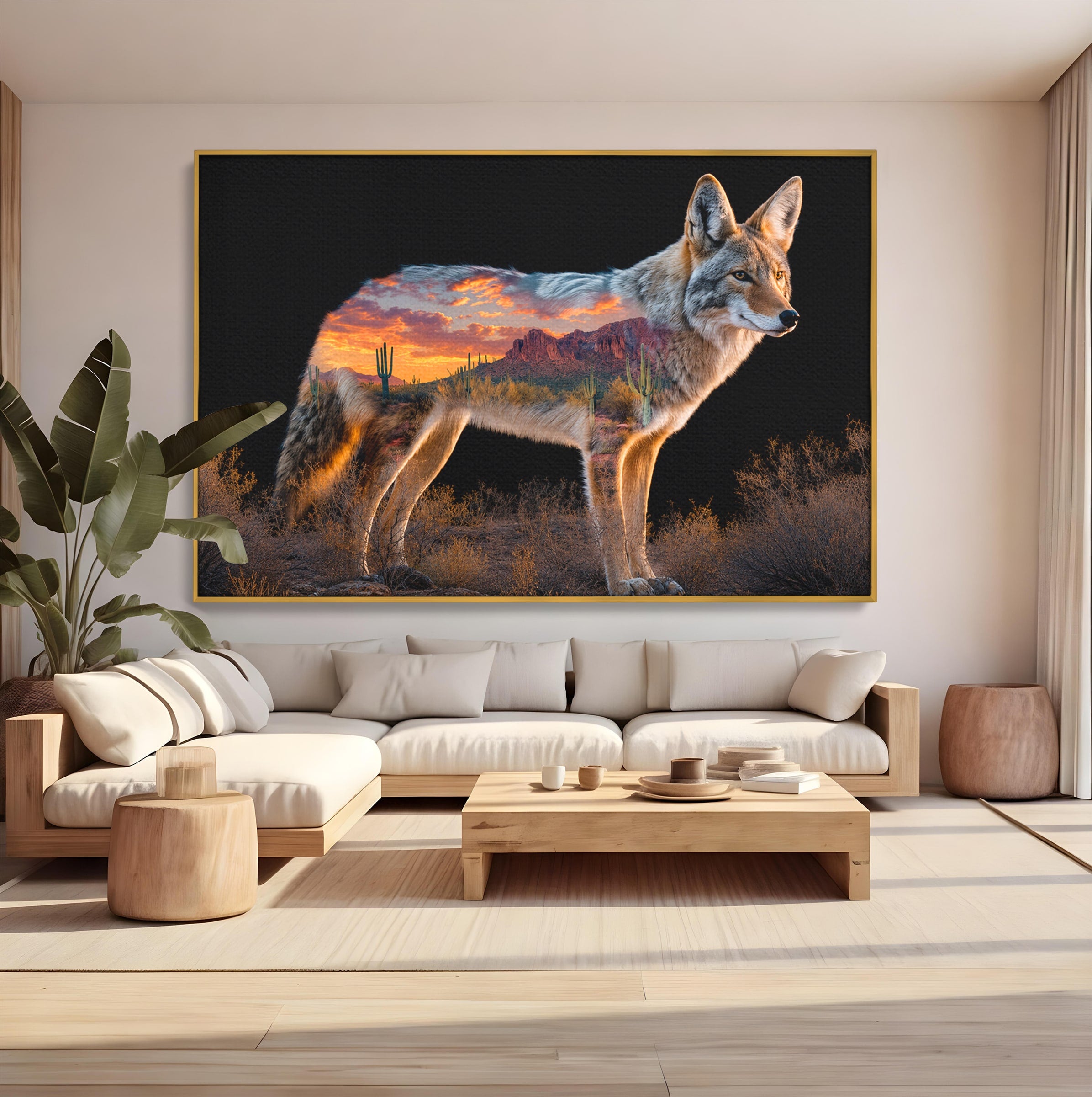 Tablou Canvas Premium LuxCanva® M1643, Coyote In Desert, Coyote, Desert, Apus, Natura, Peisaj, Animale, Living, Culori Vibrante