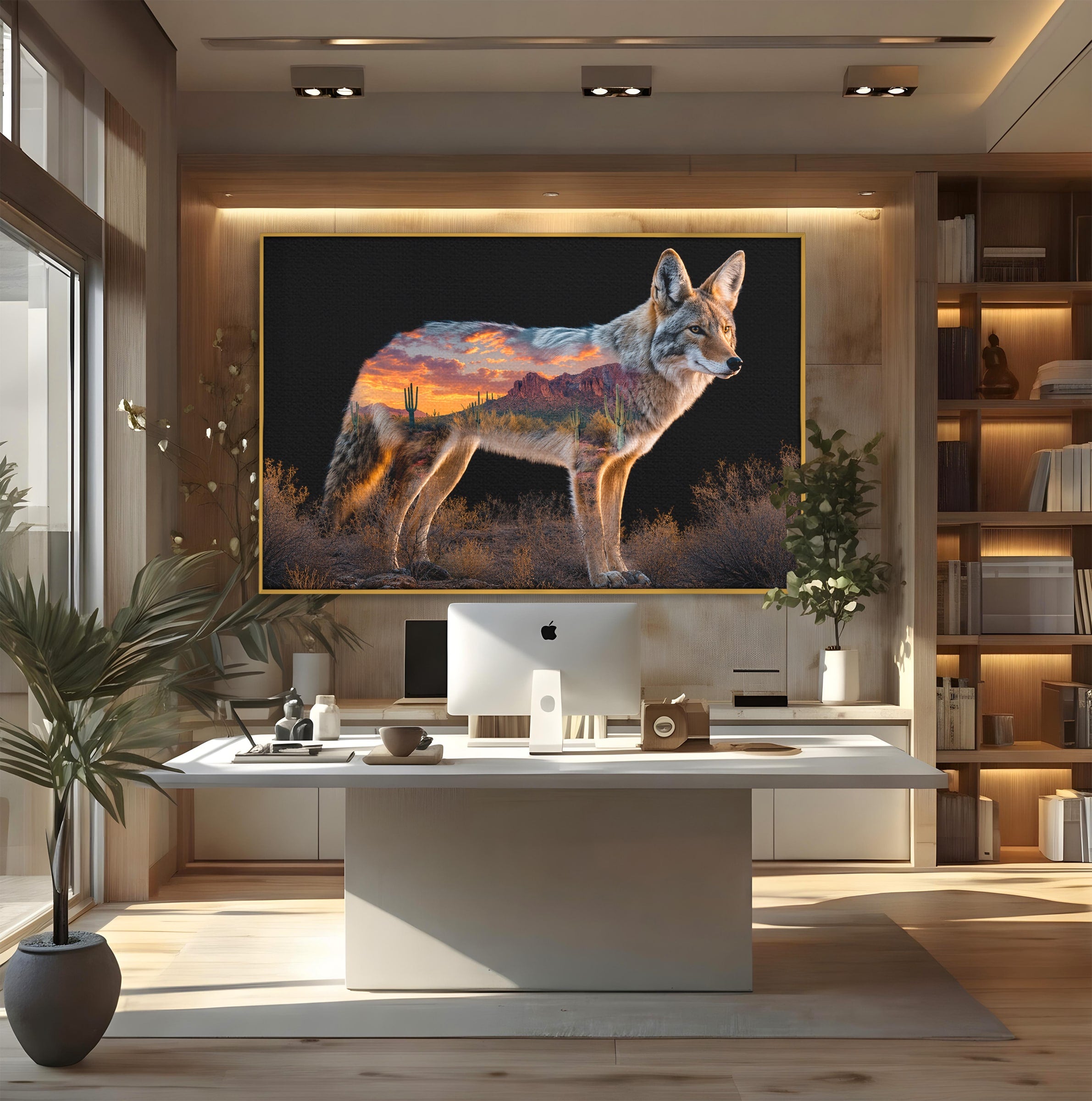 Tablou Canvas Premium LuxCanva® M1643, Coyote In Desert, Coyote, Desert, Apus, Natura, Peisaj, Animale, Living, Culori Vibrante