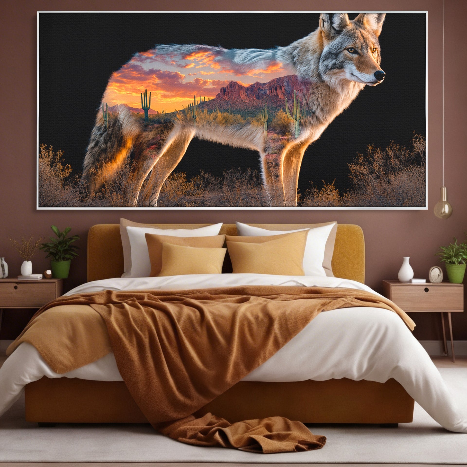 Tablou Canvas Premium LuxCanva® M1643, Coyote In Desert, Coyote, Desert, Apus, Natura, Peisaj, Animale, Living, Culori Vibrante