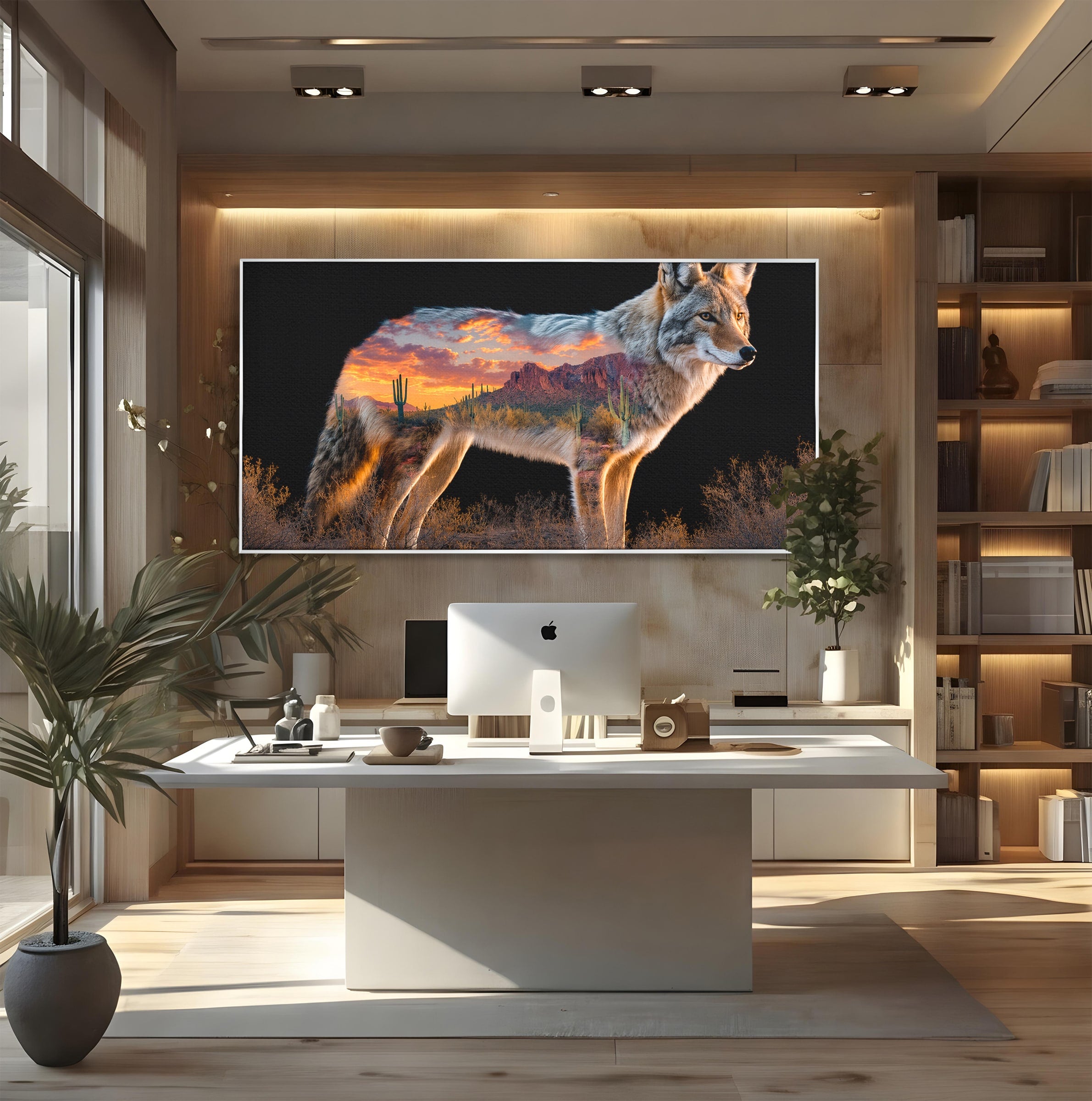 Tablou Canvas Premium LuxCanva® M1643, Coyote In Desert, Coyote, Desert, Apus, Natura, Peisaj, Animale, Living, Culori Vibrante
