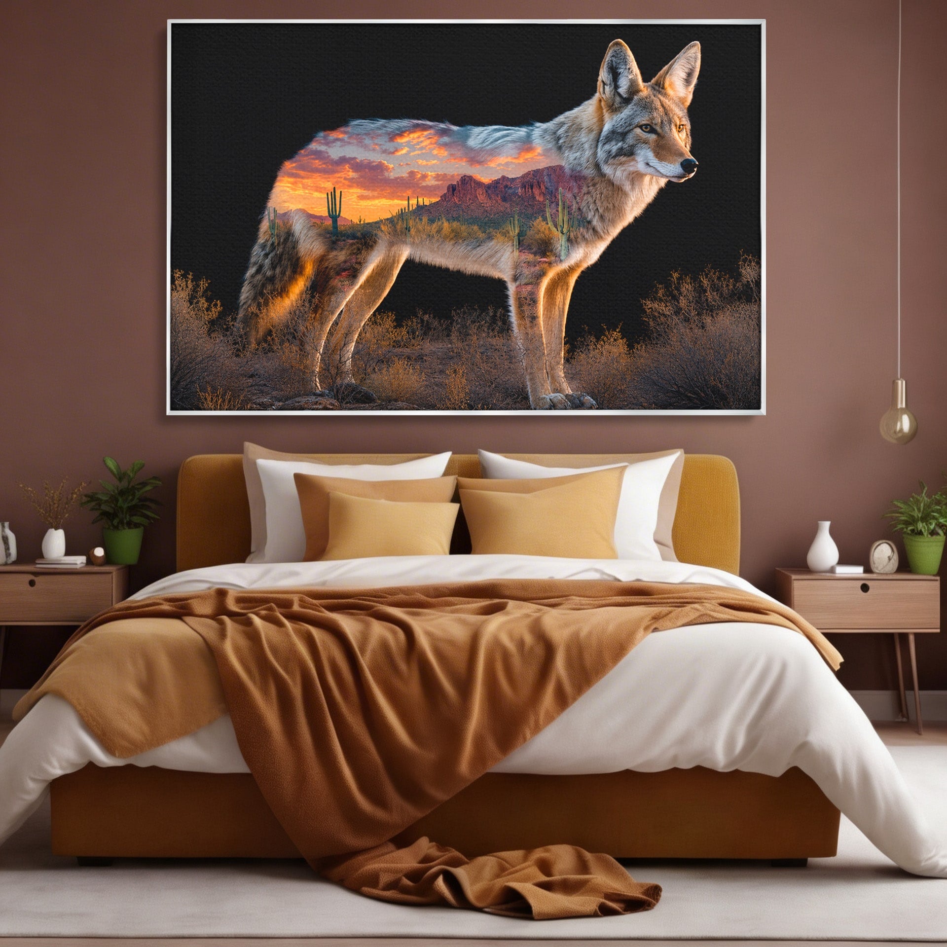 Tablou Canvas Premium LuxCanva® M1643, Coyote In Desert, Coyote, Desert, Apus, Natura, Peisaj, Animale, Living, Culori Vibrante