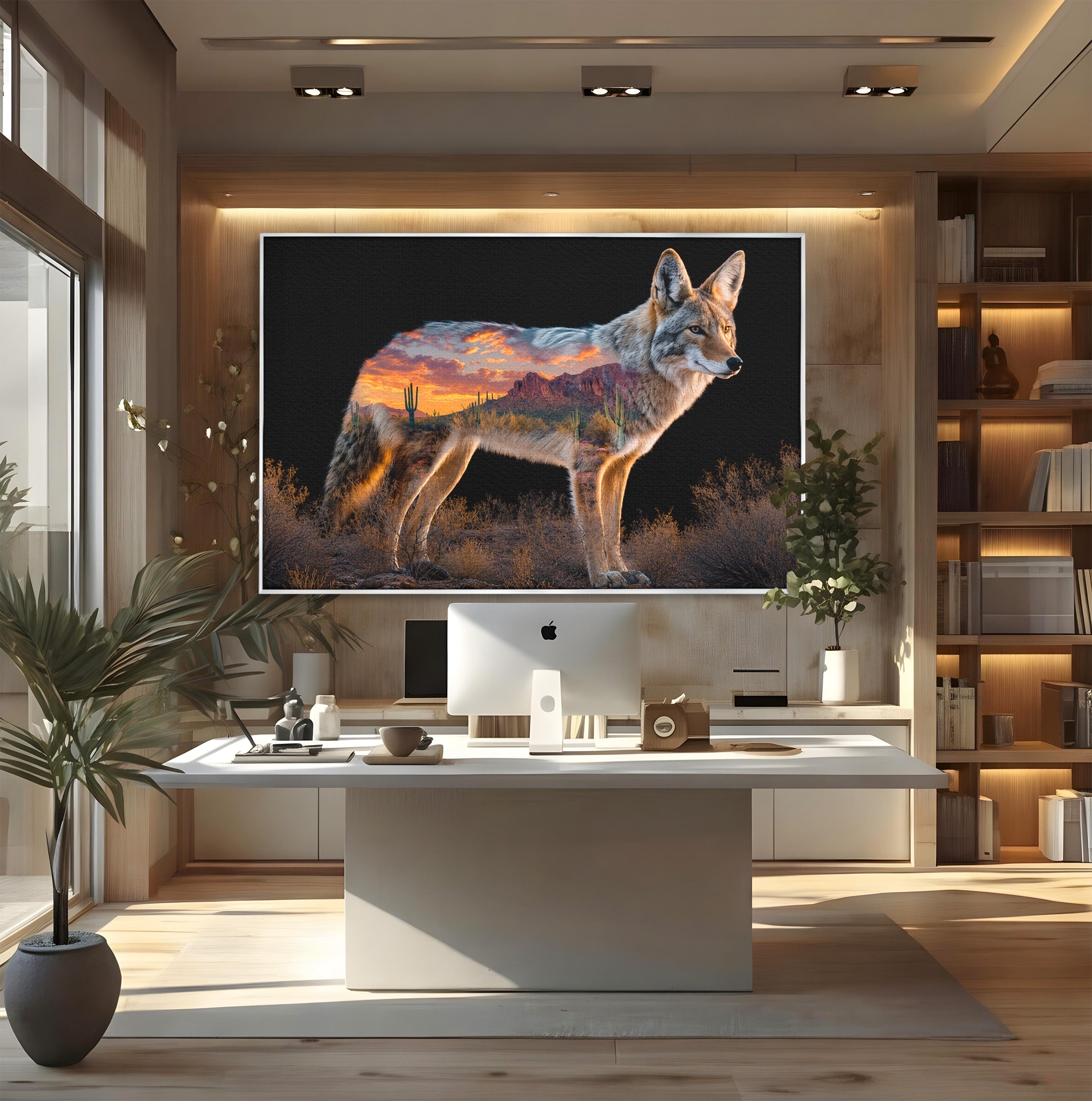 Tablou Canvas Premium LuxCanva® M1643, Coyote In Desert, Coyote, Desert, Apus, Natura, Peisaj, Animale, Living, Culori Vibrante