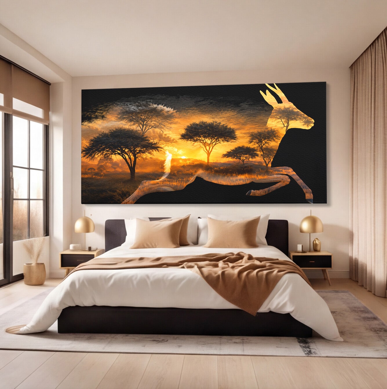 Tablou Canvas Premium LuxCanva® M1644, Antilopa In Apus African, Antilopa, Apus, Safari, Natura, Silhouette, Living, Dormitor, Culori Vibrante