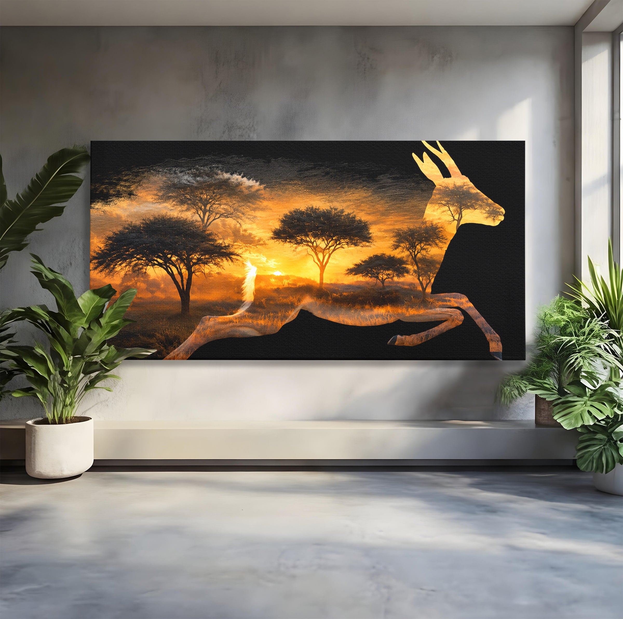 Tablou Canvas Premium LuxCanva® M1644, Antilopa In Apus African, Antilopa, Apus, Safari, Natura, Silhouette, Living, Dormitor, Culori Vibrante