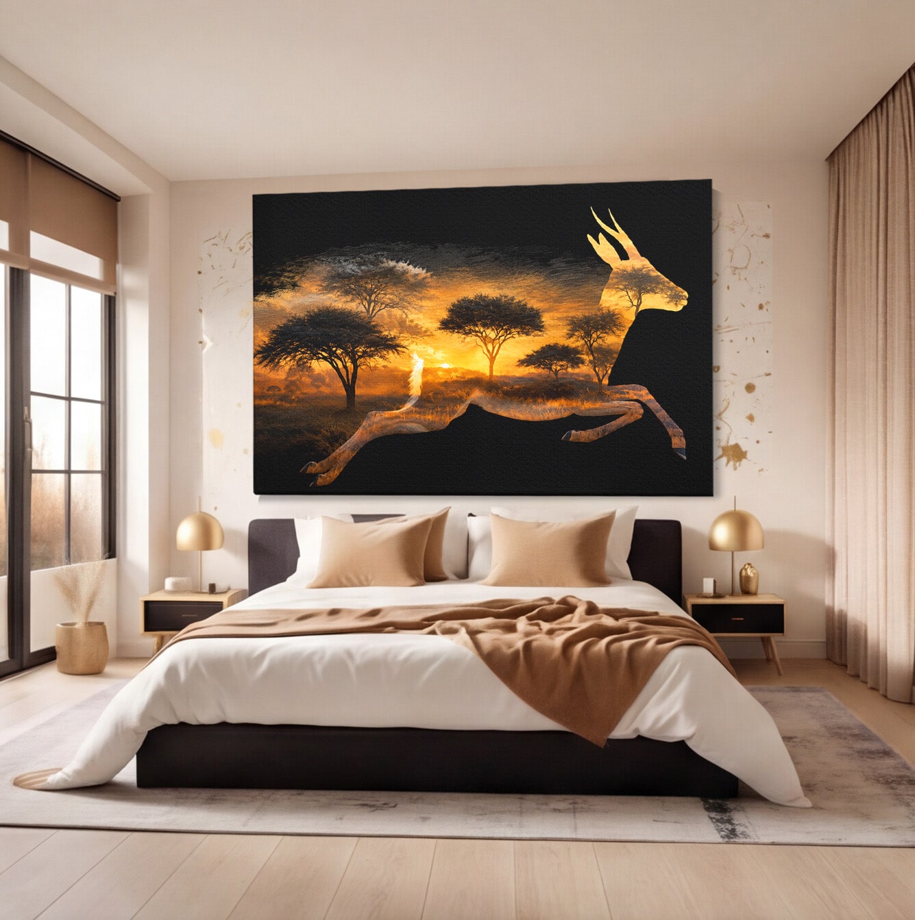 Tablou Canvas Premium LuxCanva® M1644, Antilopa In Apus African, Antilopa, Apus, Safari, Natura, Silhouette, Living, Dormitor, Culori Vibrante