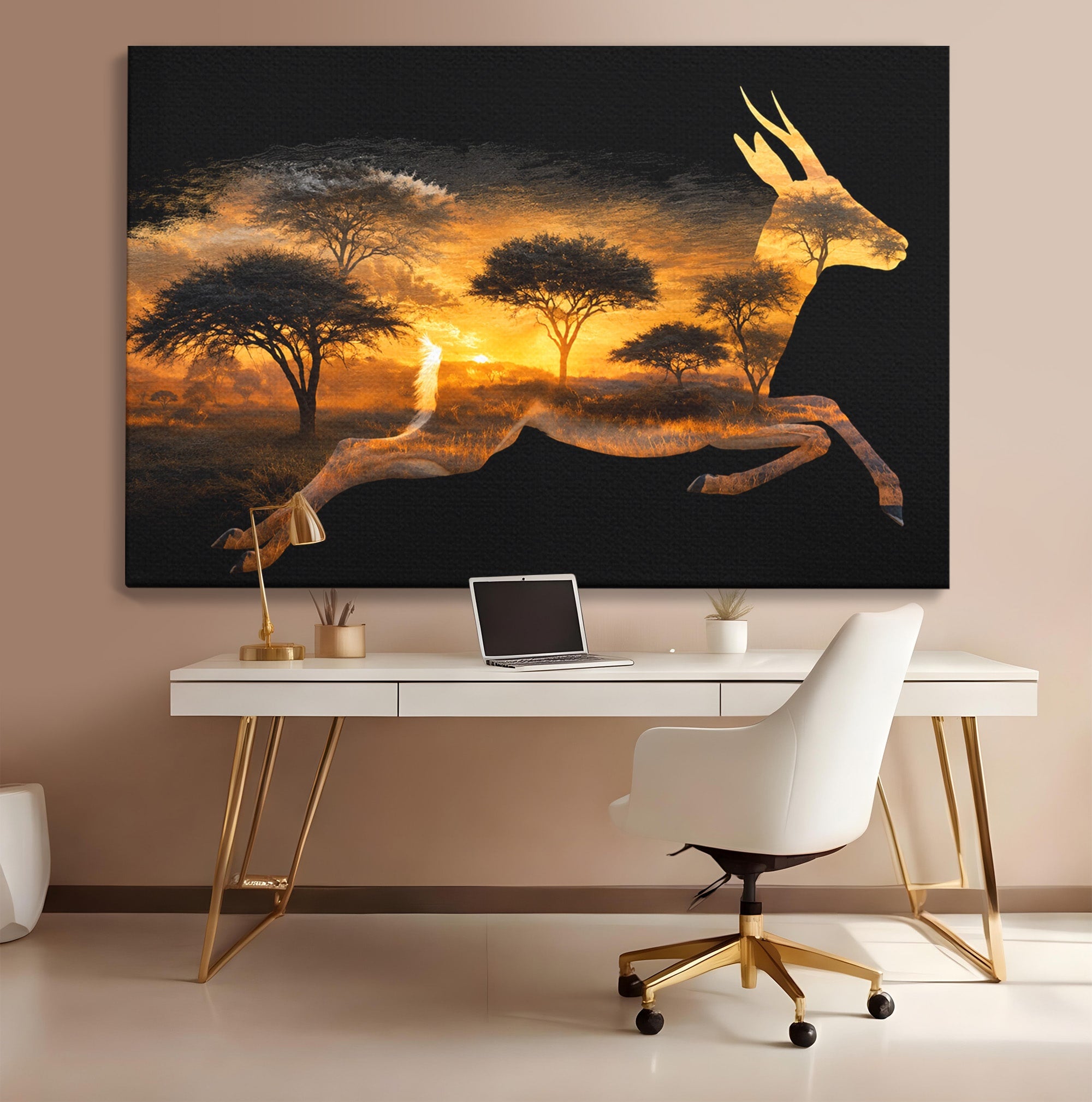 Tablou Canvas Premium LuxCanva® M1644, Antilopa In Apus African, Antilopa, Apus, Safari, Natura, Silhouette, Living, Dormitor, Culori Vibrante