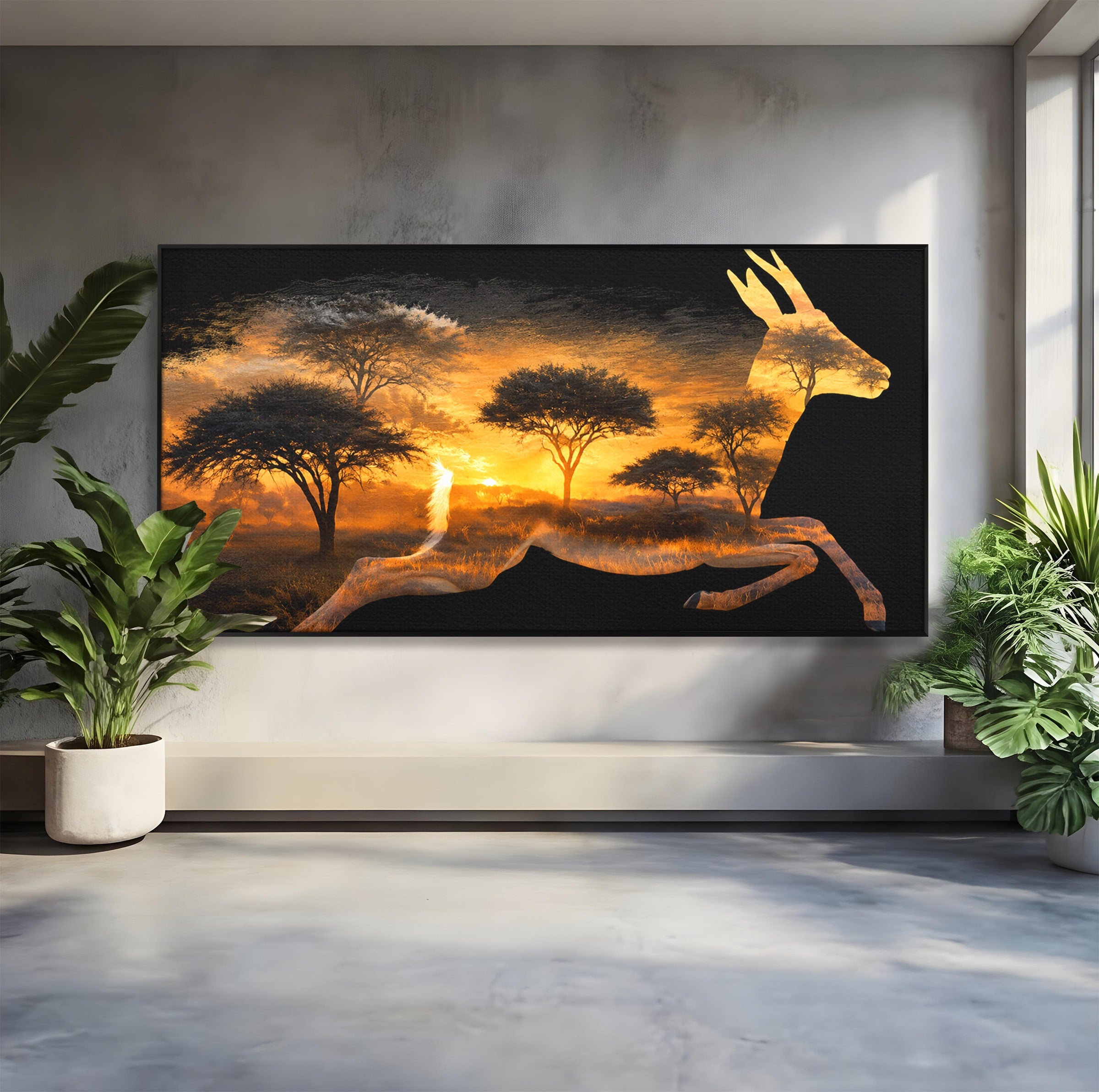 Tablou Canvas Premium LuxCanva® M1644, Antilopa In Apus African, Antilopa, Apus, Safari, Natura, Silhouette, Living, Dormitor, Culori Vibrante