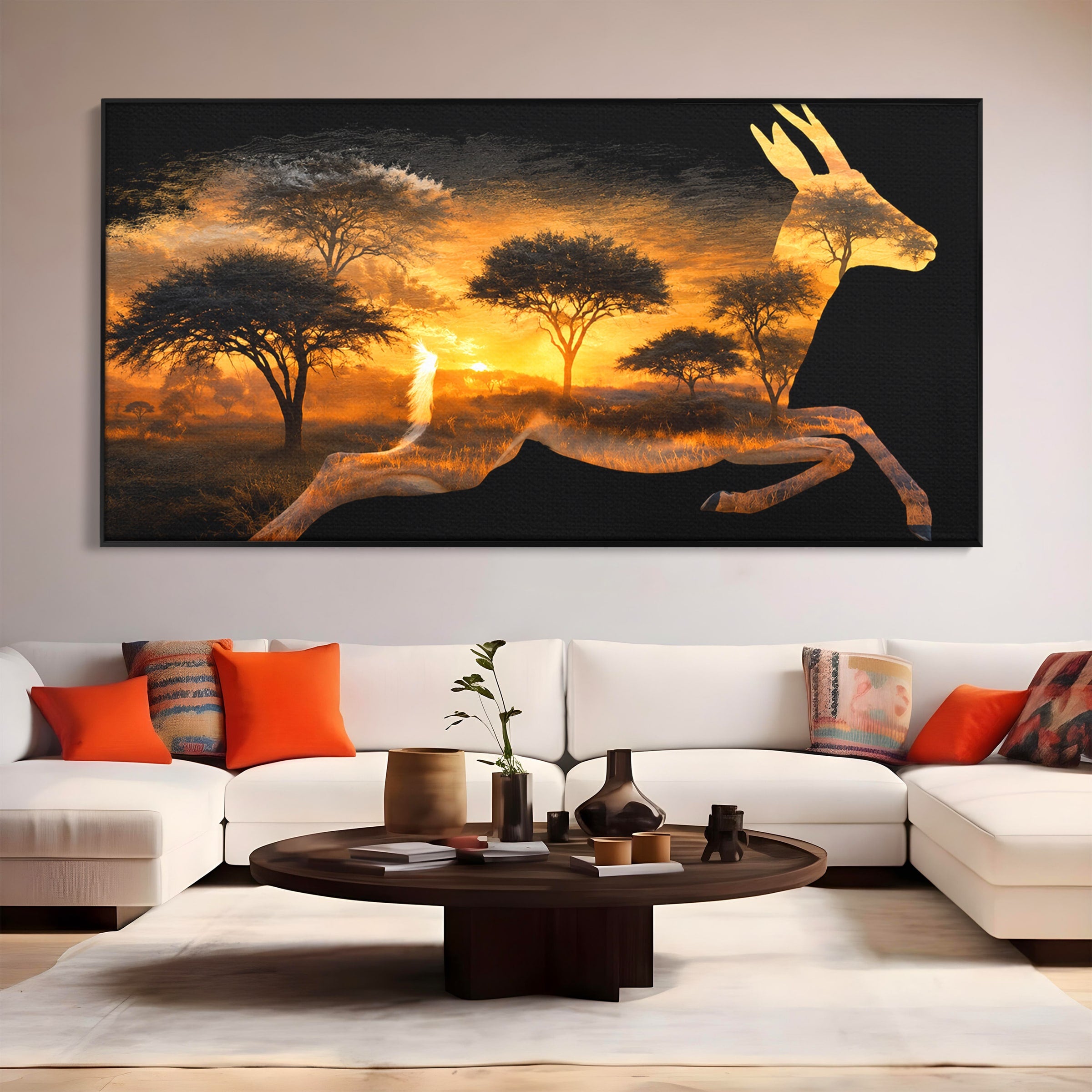 Tablou Canvas Premium LuxCanva® M1644, Antilopa In Apus African, Antilopa, Apus, Safari, Natura, Silhouette, Living, Dormitor, Culori Vibrante