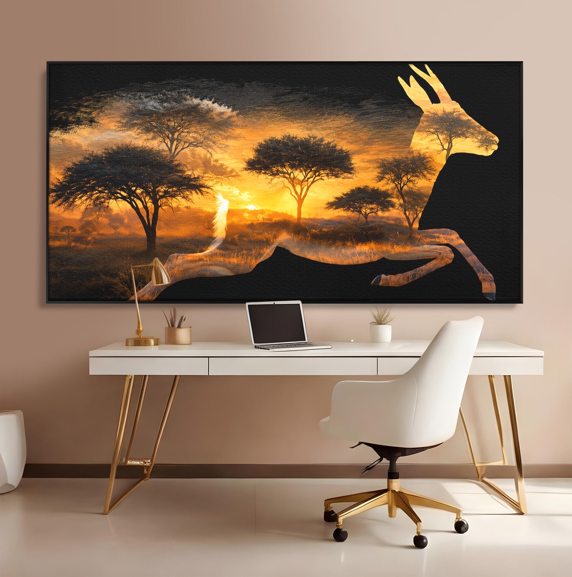 Tablou Canvas Premium LuxCanva® M1644, Antilopa In Apus African, Antilopa, Apus, Safari, Natura, Silhouette, Living, Dormitor, Culori Vibrante