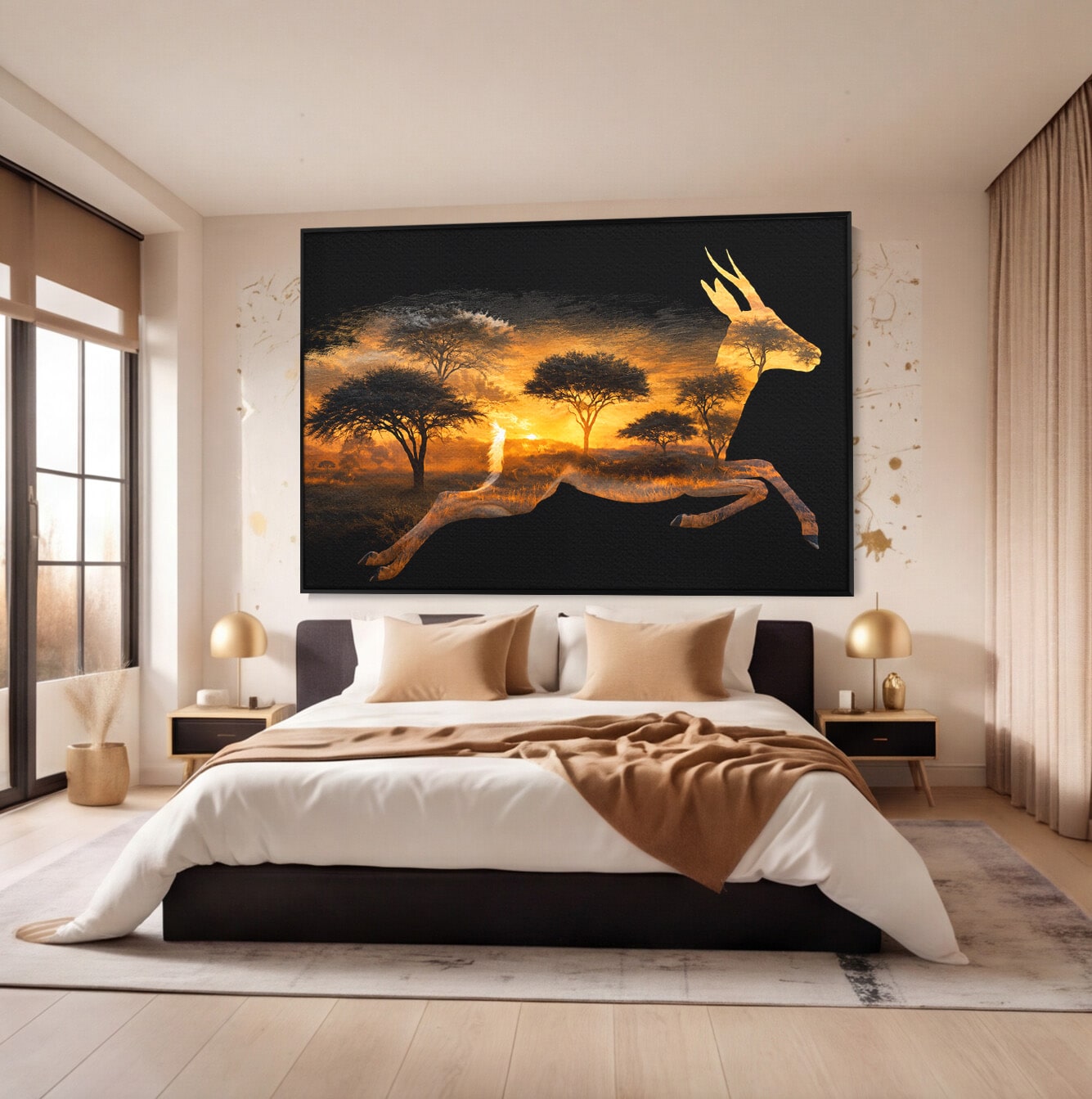 Tablou Canvas Premium LuxCanva® M1644, Antilopa In Apus African, Antilopa, Apus, Safari, Natura, Silhouette, Living, Dormitor, Culori Vibrante
