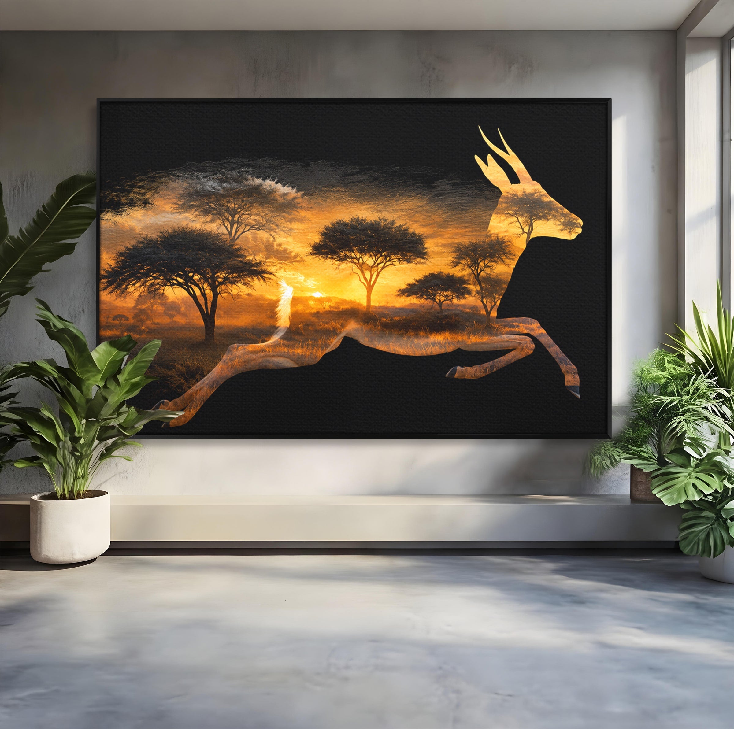 Tablou Canvas Premium LuxCanva® M1644, Antilopa In Apus African, Antilopa, Apus, Safari, Natura, Silhouette, Living, Dormitor, Culori Vibrante