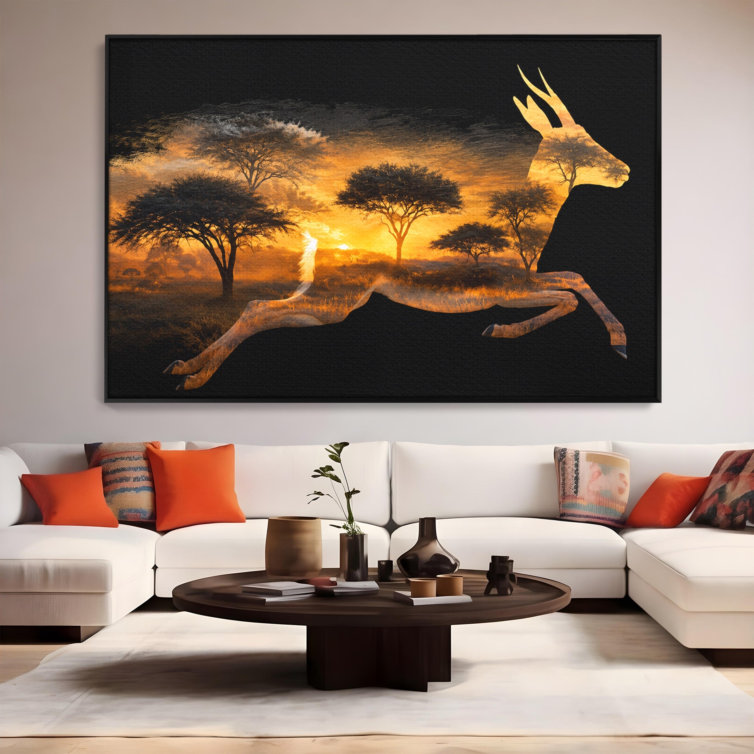 Tablou Canvas Premium LuxCanva® M1644, Antilopa In Apus African, Antilopa, Apus, Safari, Natura, Silhouette, Living, Dormitor, Culori Vibrante