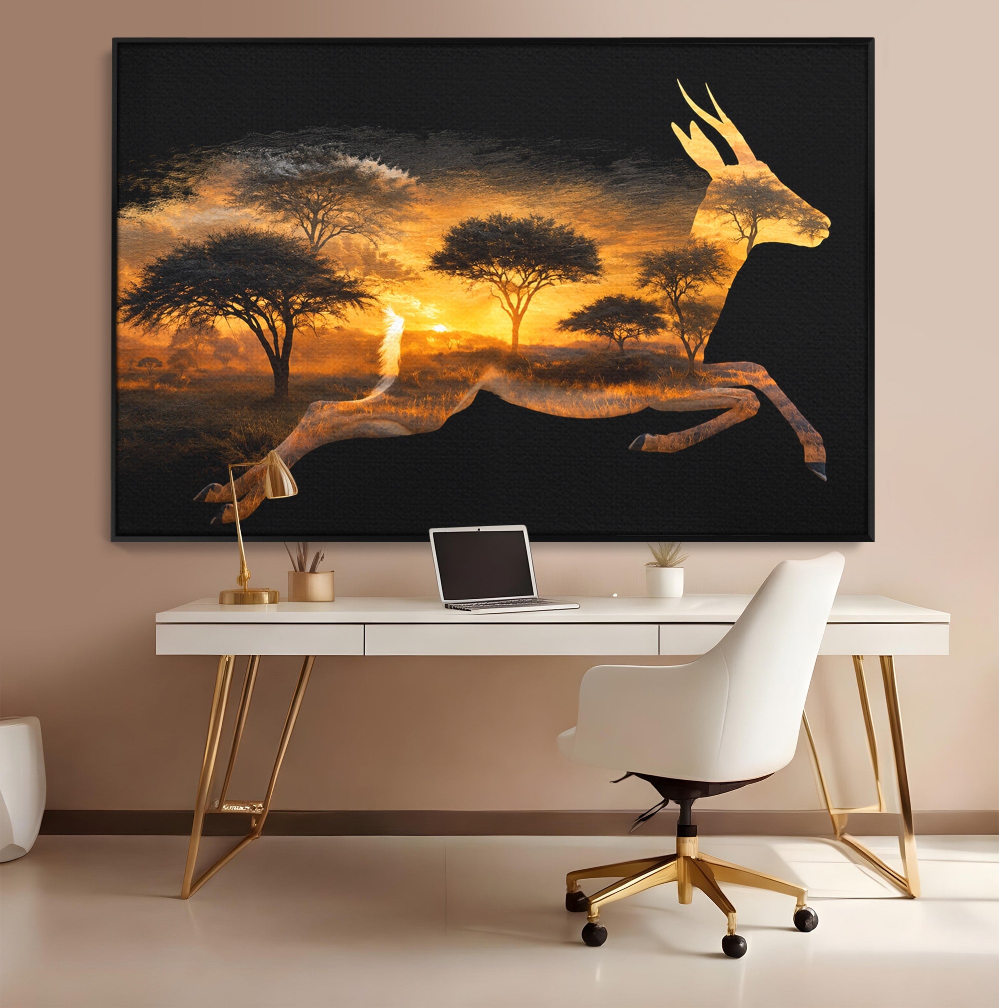 Tablou Canvas Premium LuxCanva® M1644, Antilopa In Apus African, Antilopa, Apus, Safari, Natura, Silhouette, Living, Dormitor, Culori Vibrante