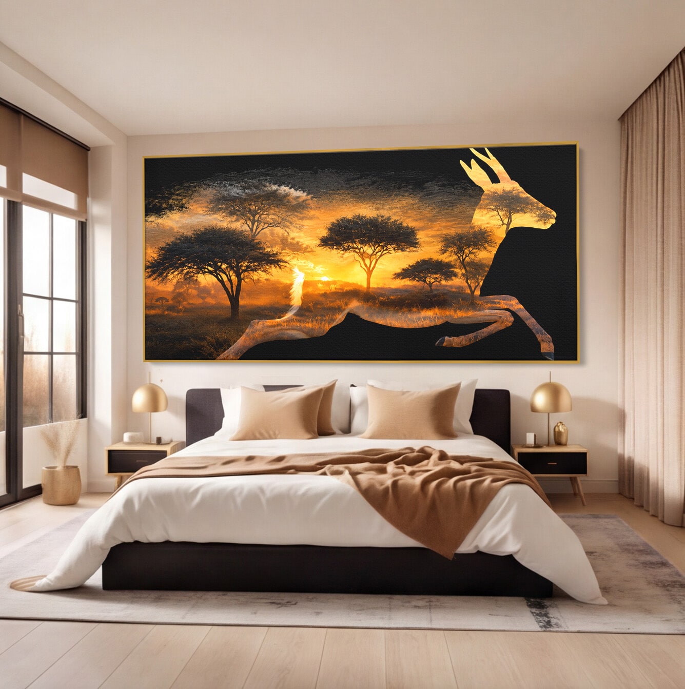 Tablou Canvas Premium LuxCanva® M1644, Antilopa In Apus African, Antilopa, Apus, Safari, Natura, Silhouette, Living, Dormitor, Culori Vibrante