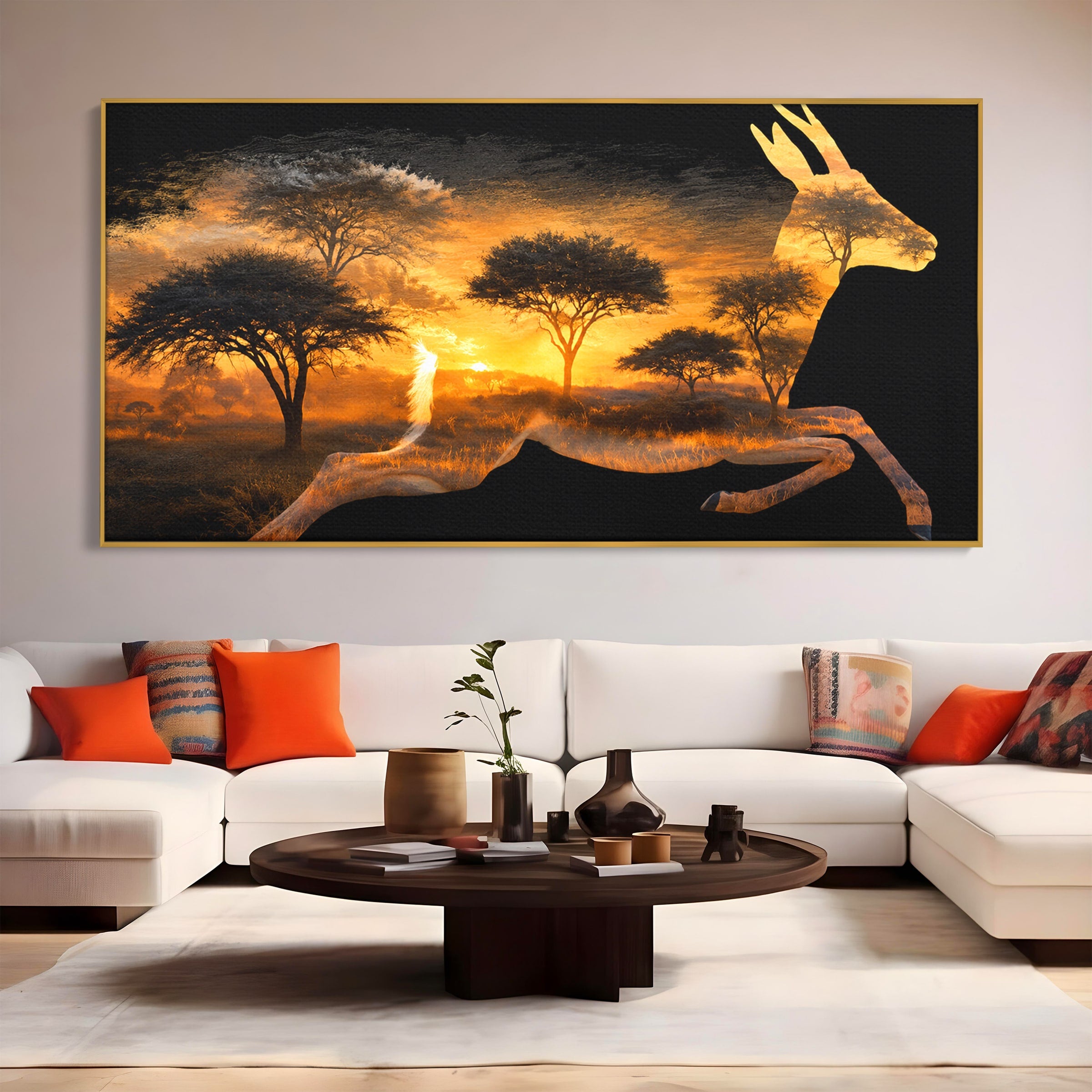Tablou Canvas Premium LuxCanva® M1644, Antilopa In Apus African, Antilopa, Apus, Safari, Natura, Silhouette, Living, Dormitor, Culori Vibrante