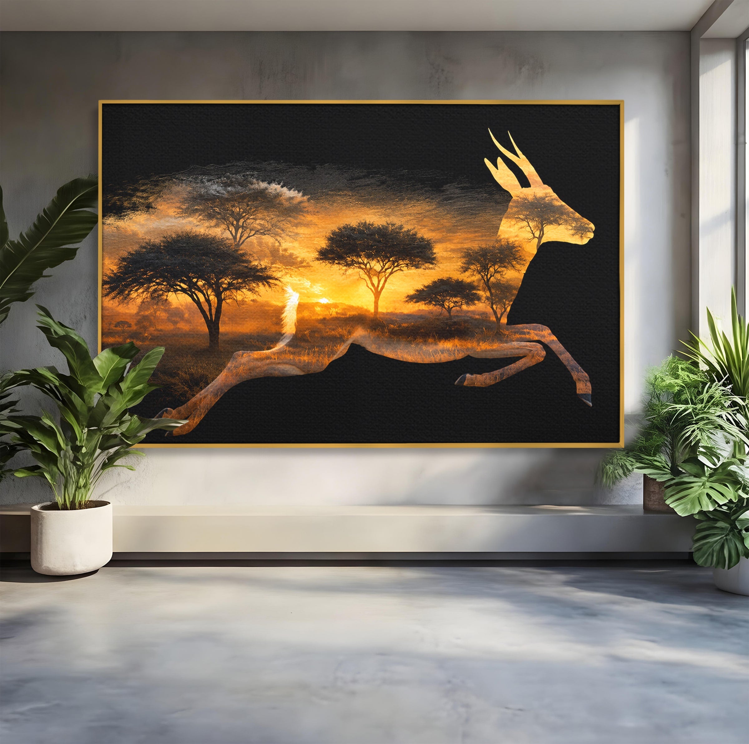 Tablou Canvas Premium LuxCanva® M1644, Antilopa In Apus African, Antilopa, Apus, Safari, Natura, Silhouette, Living, Dormitor, Culori Vibrante