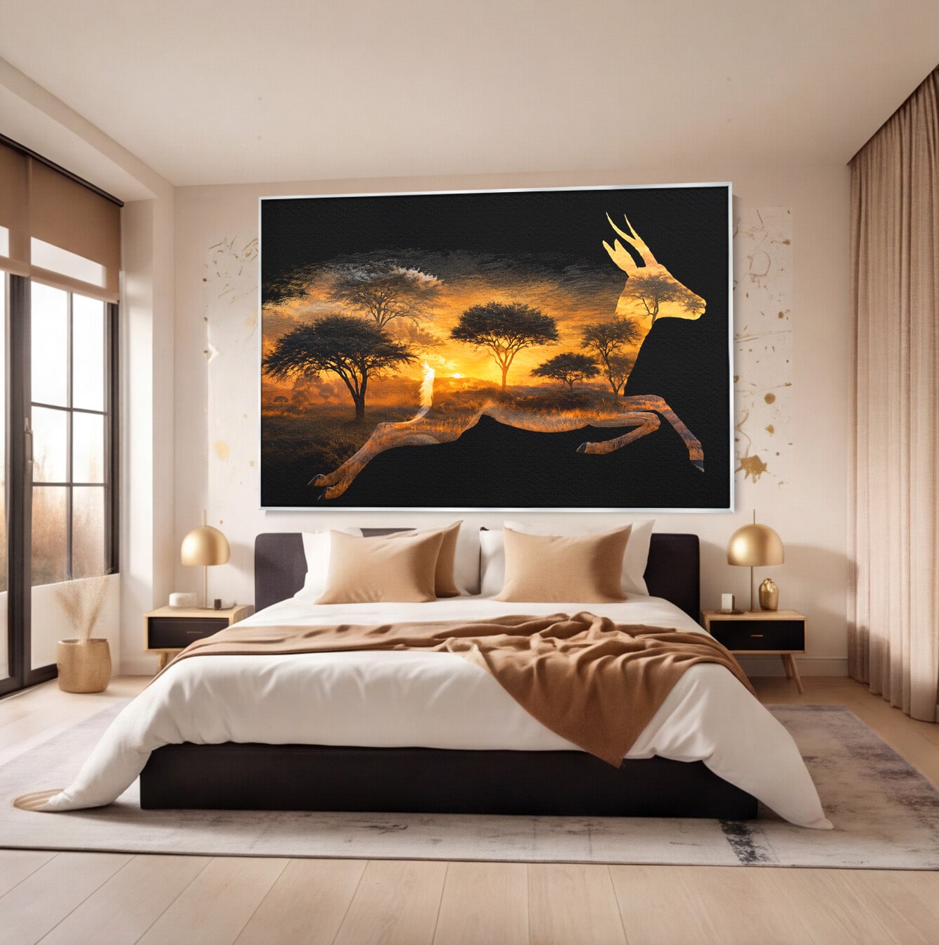 Tablou Canvas Premium LuxCanva® M1644, Antilopa In Apus African, Antilopa, Apus, Safari, Natura, Silhouette, Living, Dormitor, Culori Vibrante