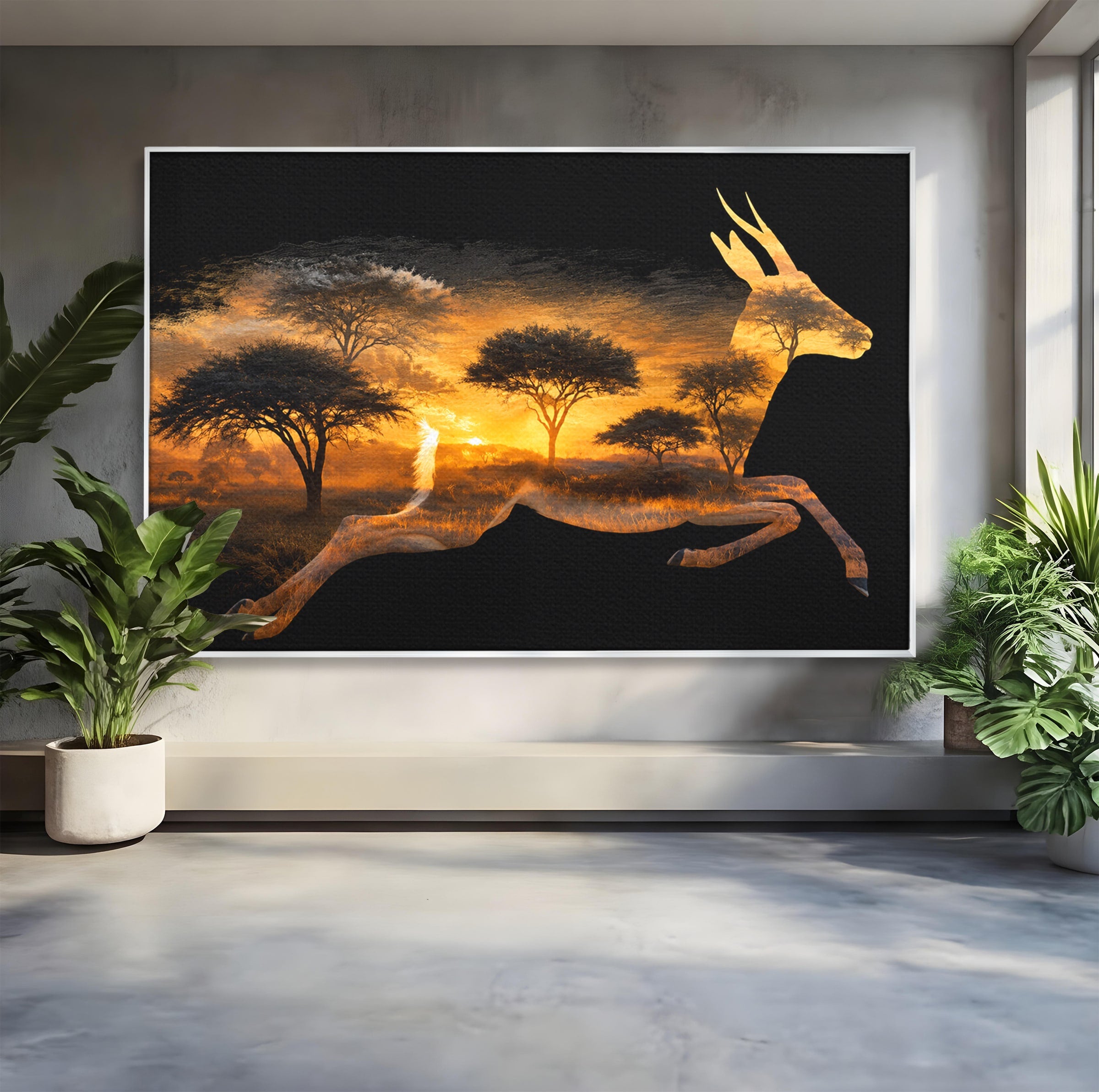 Tablou Canvas Premium LuxCanva® M1644, Antilopa In Apus African, Antilopa, Apus, Safari, Natura, Silhouette, Living, Dormitor, Culori Vibrante