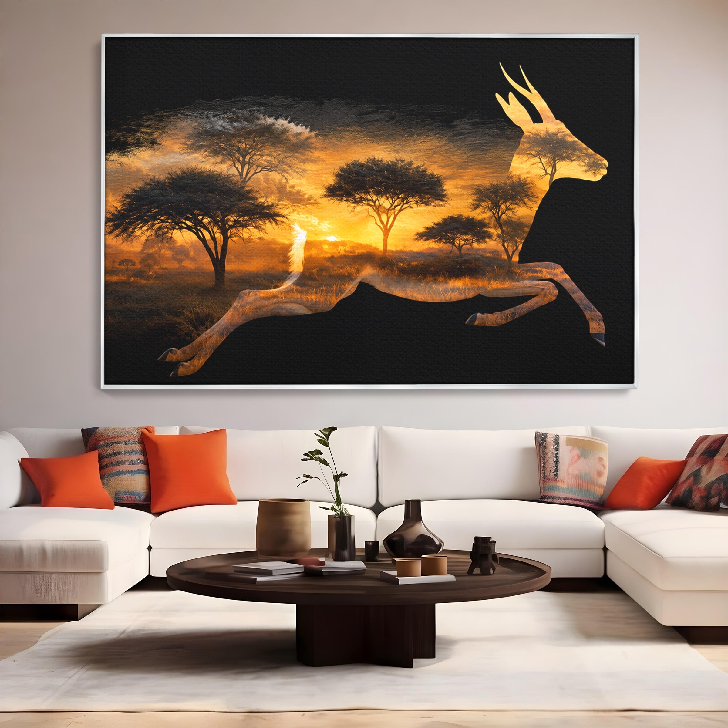 Tablou Canvas Premium LuxCanva® M1644, Antilopa In Apus African, Antilopa, Apus, Safari, Natura, Silhouette, Living, Dormitor, Culori Vibrante