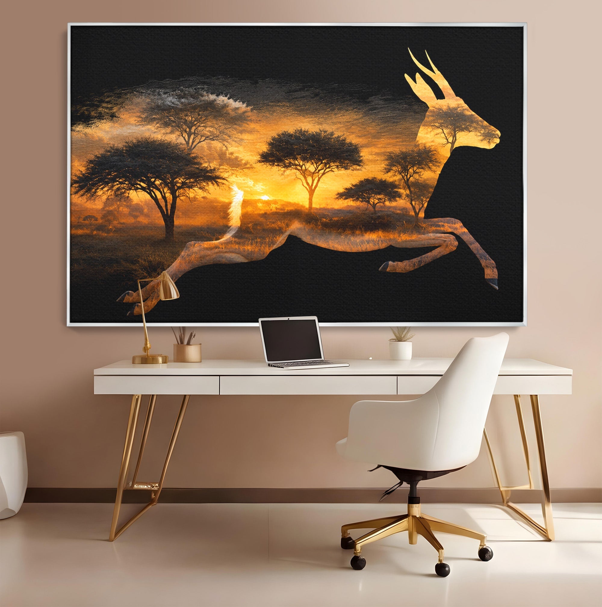 Tablou Canvas Premium LuxCanva® M1644, Antilopa In Apus African, Antilopa, Apus, Safari, Natura, Silhouette, Living, Dormitor, Culori Vibrante