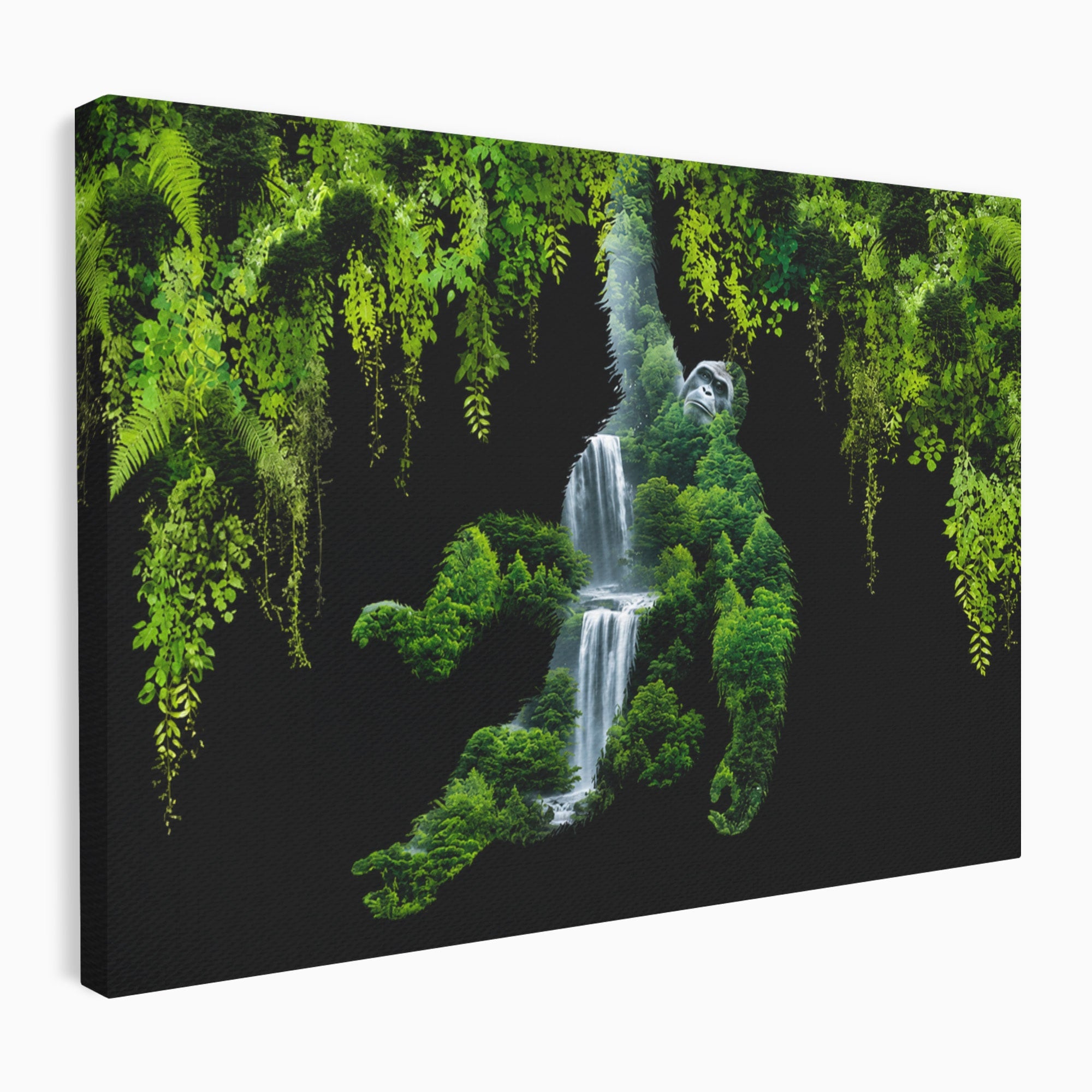 Tablou Canvas Premium LuxCanva® M1646, Gorila Din Jungla, Gorila, Jungla, Cascada, Natura, Living, Culori Vibrante