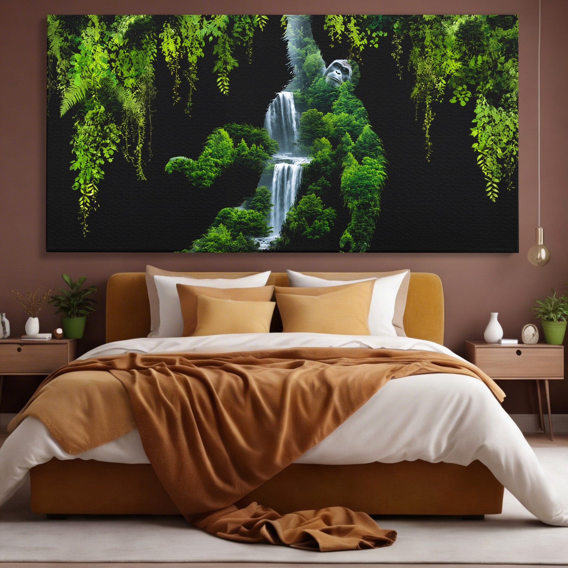 Tablou Canvas Premium LuxCanva® M1646, Gorila Din Jungla, Gorila, Jungla, Cascada, Natura, Living, Culori Vibrante