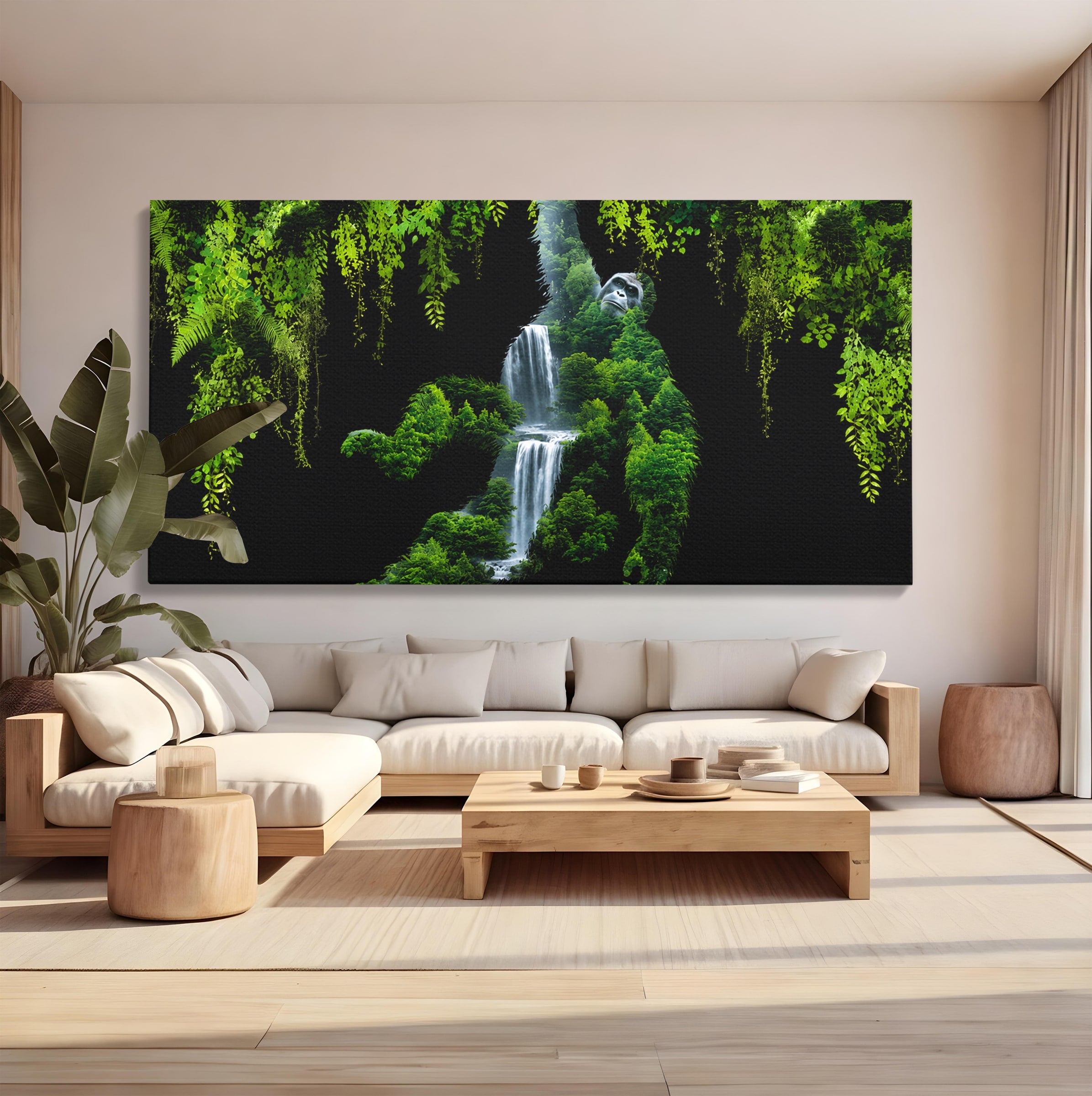 Tablou Canvas Premium LuxCanva® M1646, Gorila Din Jungla, Gorila, Jungla, Cascada, Natura, Living, Culori Vibrante