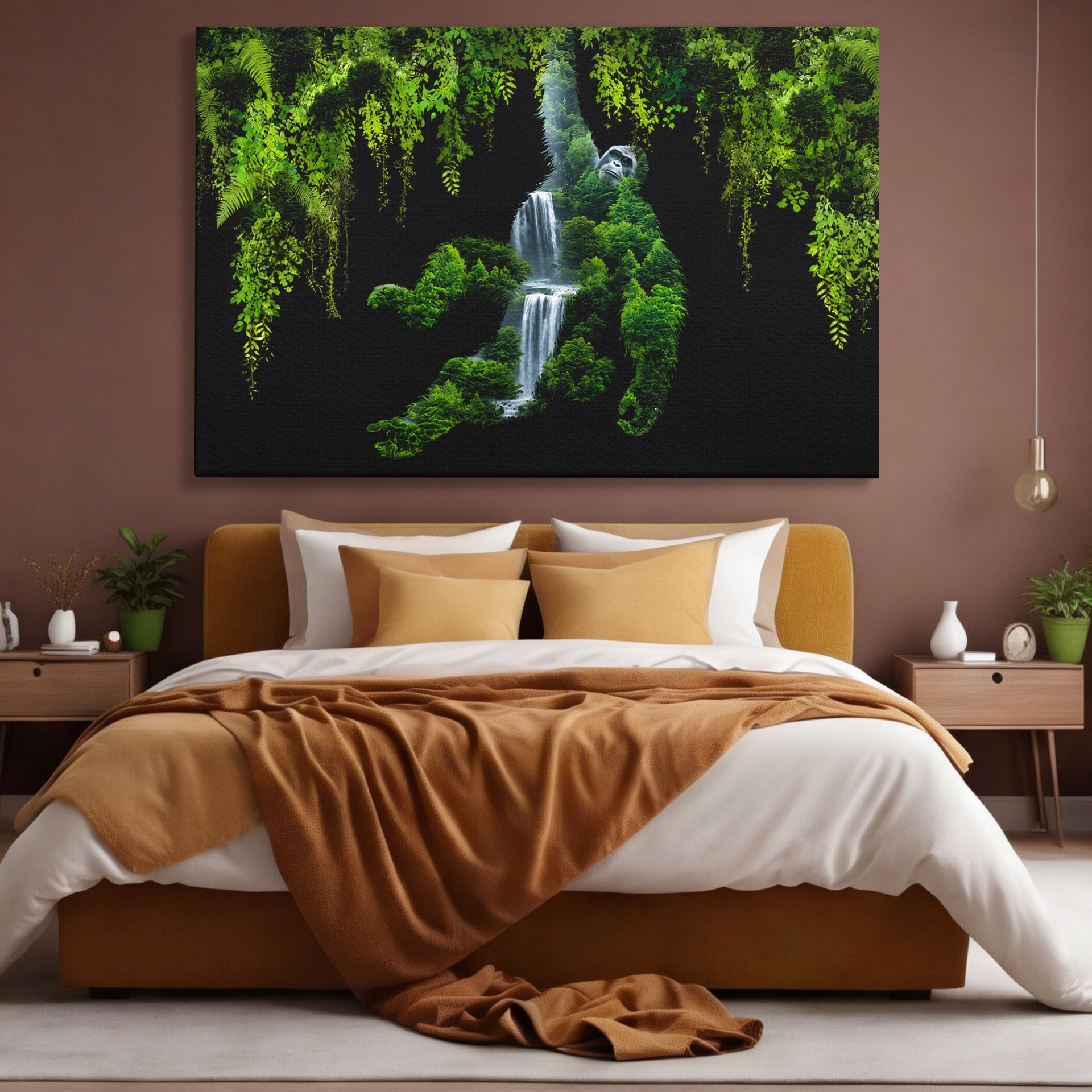 Tablou Canvas Premium LuxCanva® M1646, Gorila Din Jungla, Gorila, Jungla, Cascada, Natura, Living, Culori Vibrante