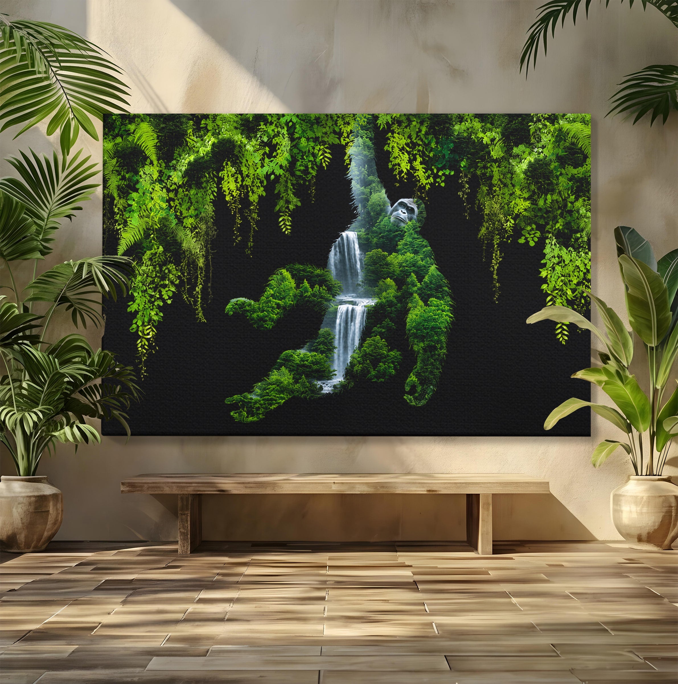 Tablou Canvas Premium LuxCanva® M1646, Gorila Din Jungla, Gorila, Jungla, Cascada, Natura, Living, Culori Vibrante