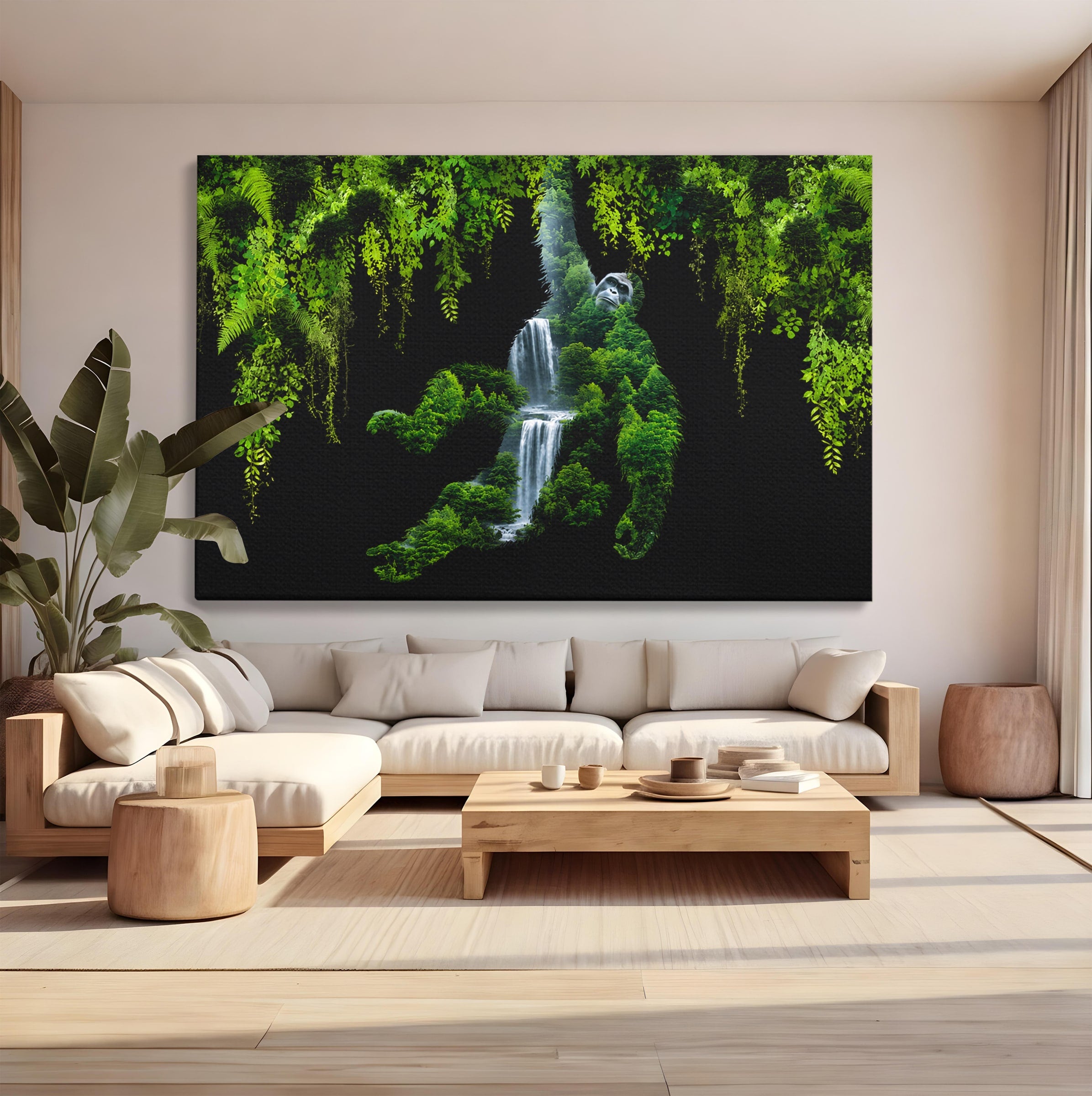 Tablou Canvas Premium LuxCanva® M1646, Gorila Din Jungla, Gorila, Jungla, Cascada, Natura, Living, Culori Vibrante