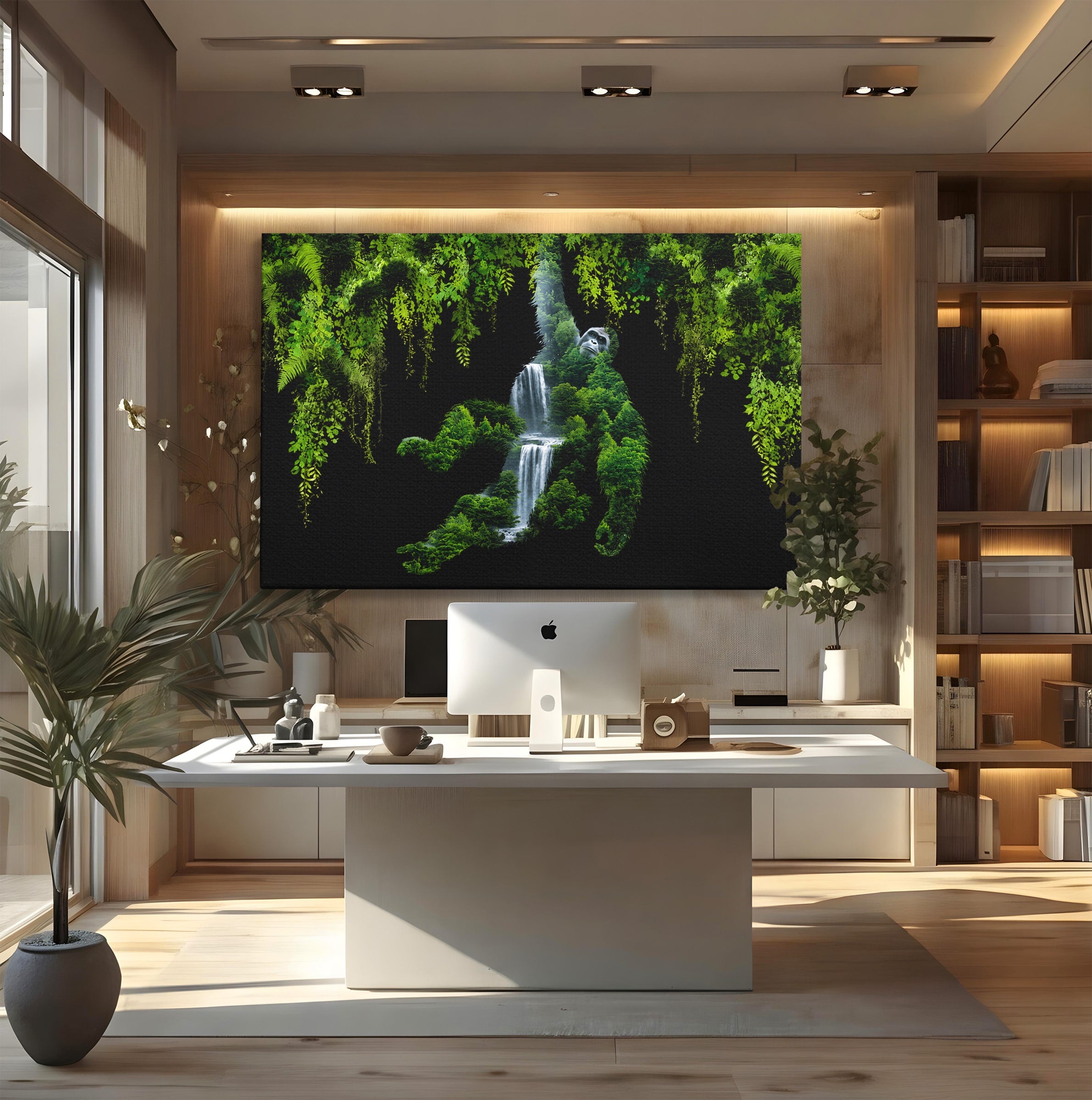 Tablou Canvas Premium LuxCanva® M1646, Gorila Din Jungla, Gorila, Jungla, Cascada, Natura, Living, Culori Vibrante