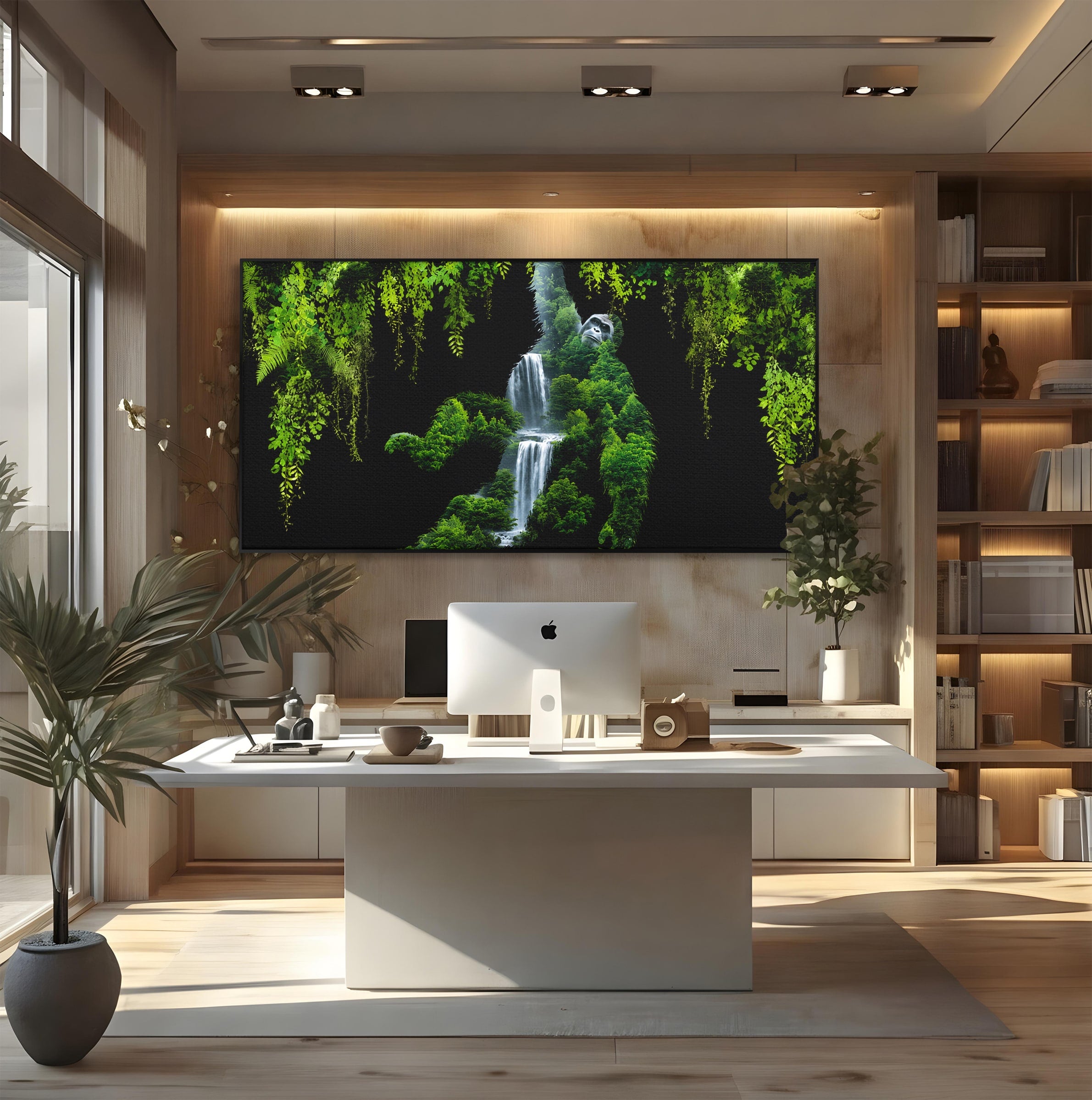 Tablou Canvas Premium LuxCanva® M1646, Gorila Din Jungla, Gorila, Jungla, Cascada, Natura, Living, Culori Vibrante