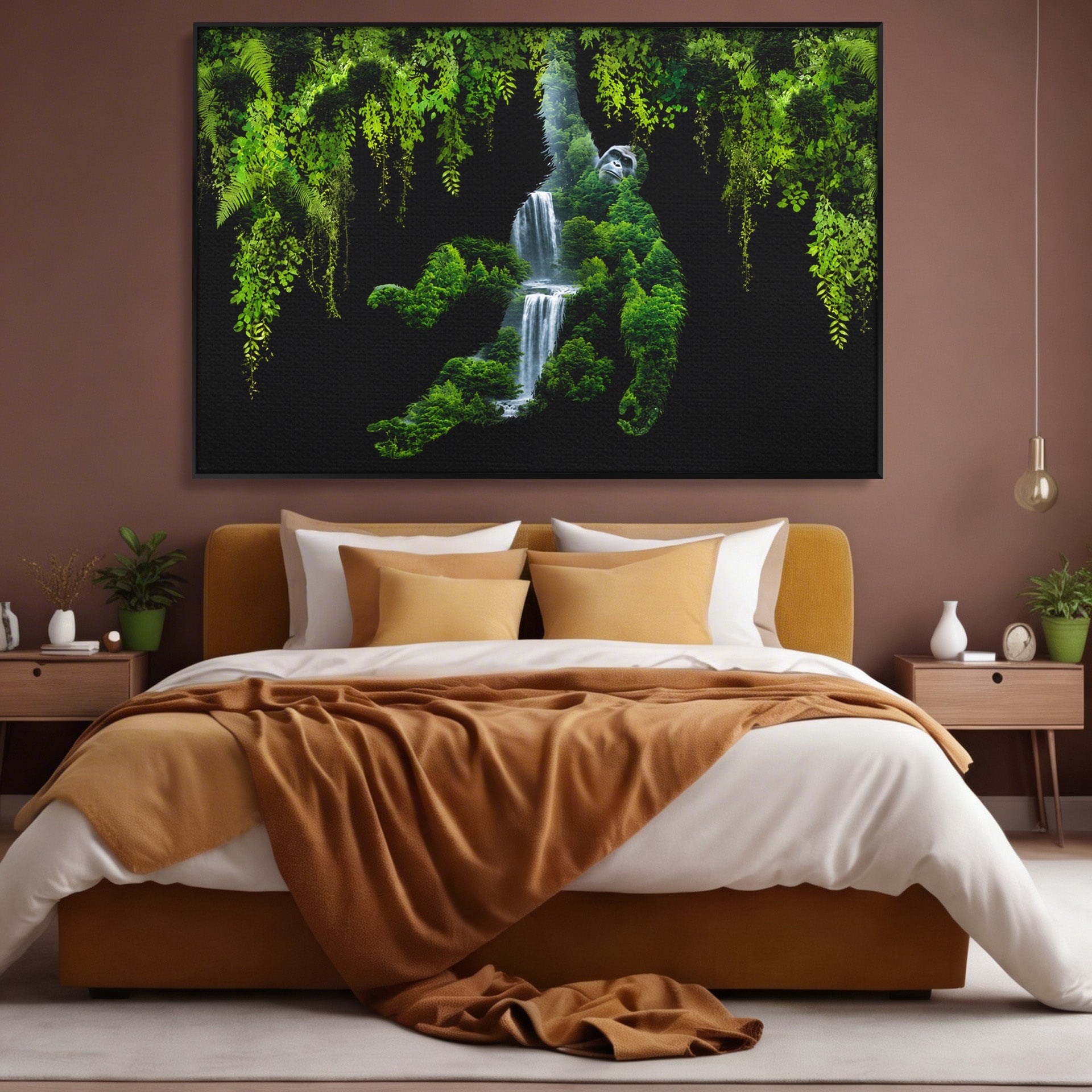 Tablou Canvas Premium LuxCanva® M1646, Gorila Din Jungla, Gorila, Jungla, Cascada, Natura, Living, Culori Vibrante