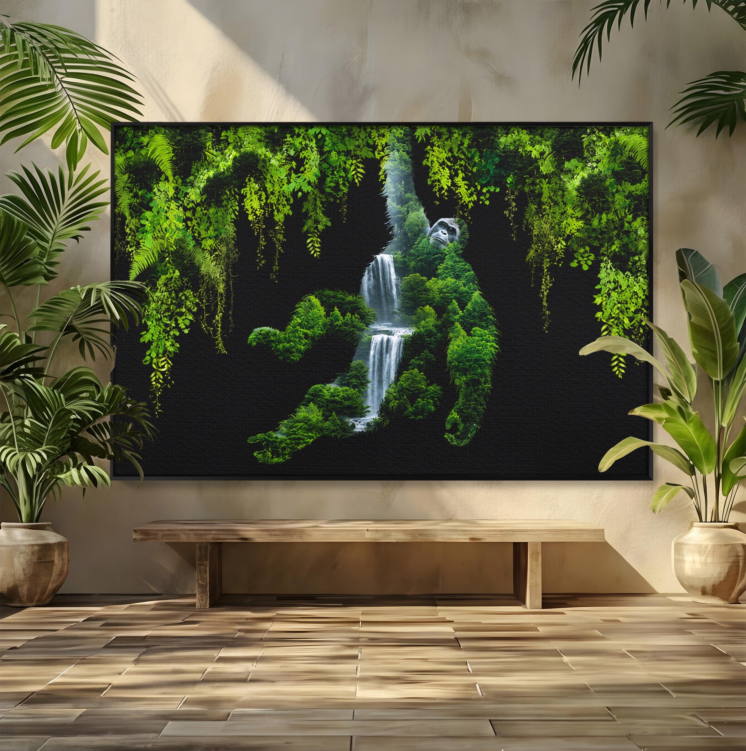 Tablou Canvas Premium LuxCanva® M1646, Gorila Din Jungla, Gorila, Jungla, Cascada, Natura, Living, Culori Vibrante