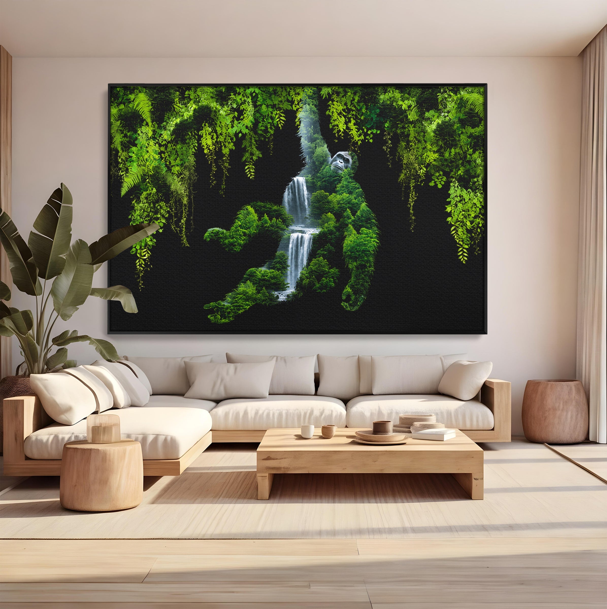 Tablou Canvas Premium LuxCanva® M1646, Gorila Din Jungla, Gorila, Jungla, Cascada, Natura, Living, Culori Vibrante