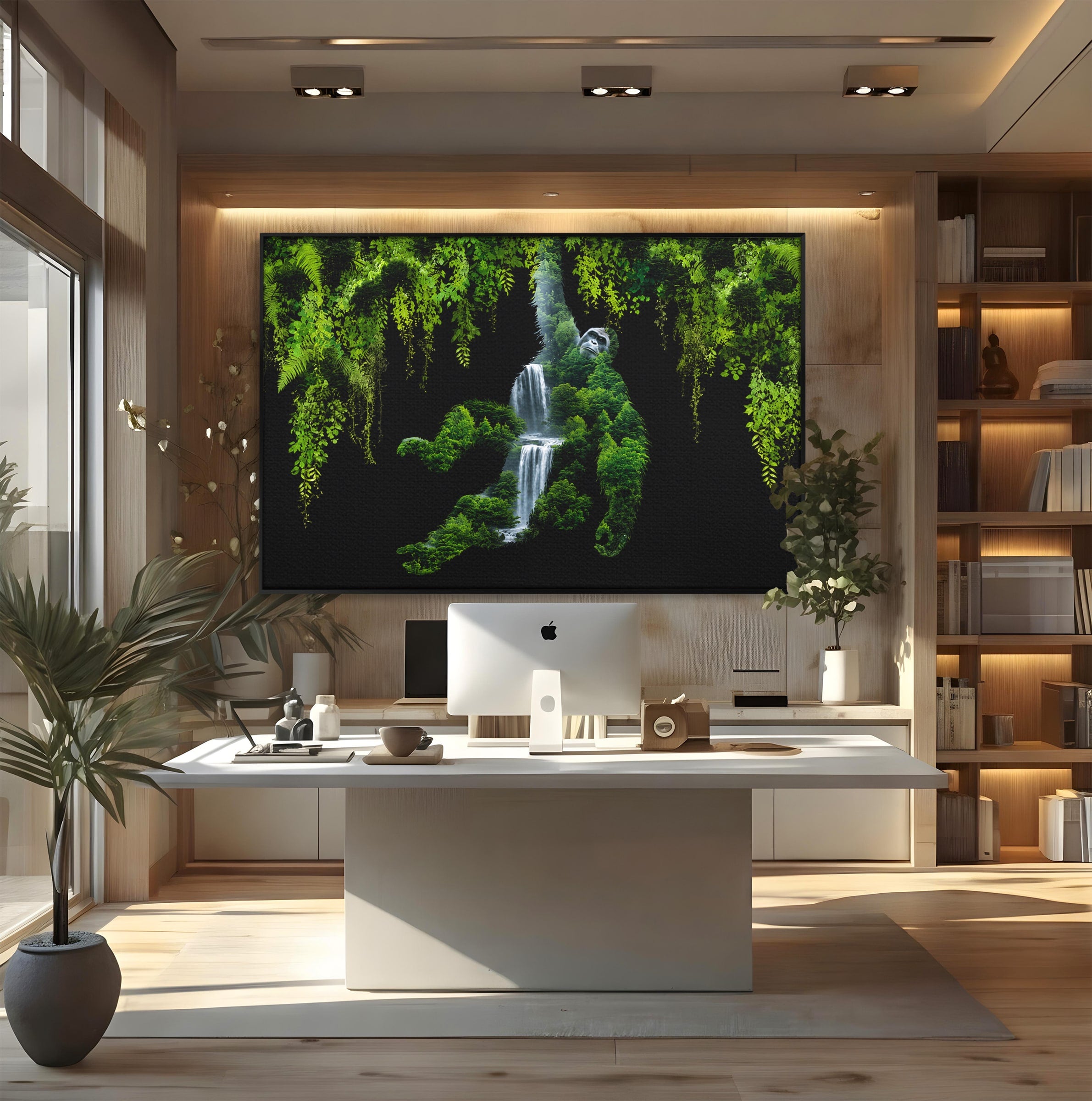 Tablou Canvas Premium LuxCanva® M1646, Gorila Din Jungla, Gorila, Jungla, Cascada, Natura, Living, Culori Vibrante